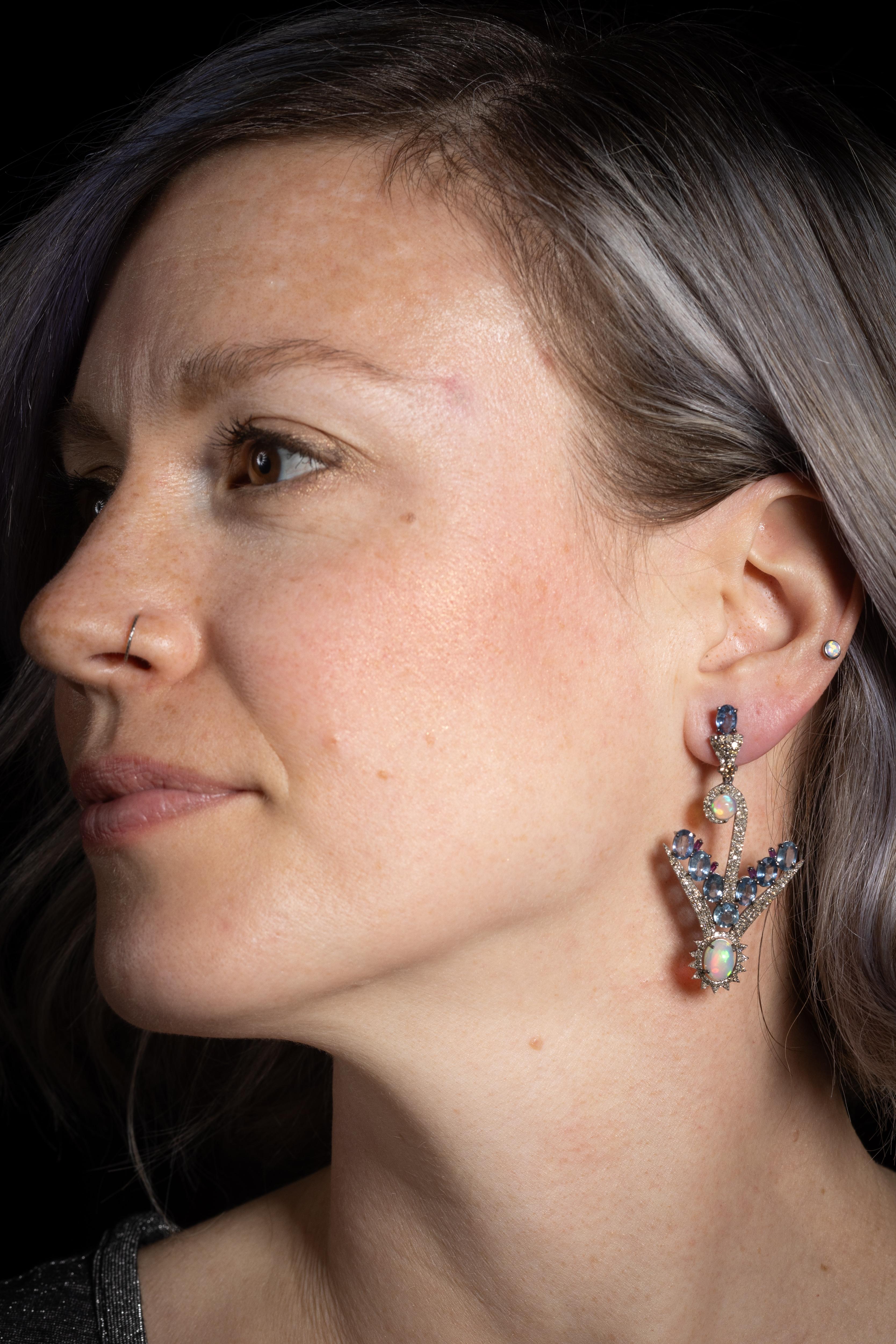 Blue Sapphire, Opal and Diamond Dangle Earrings In Excellent Condition For Sale In Nantucket, MA