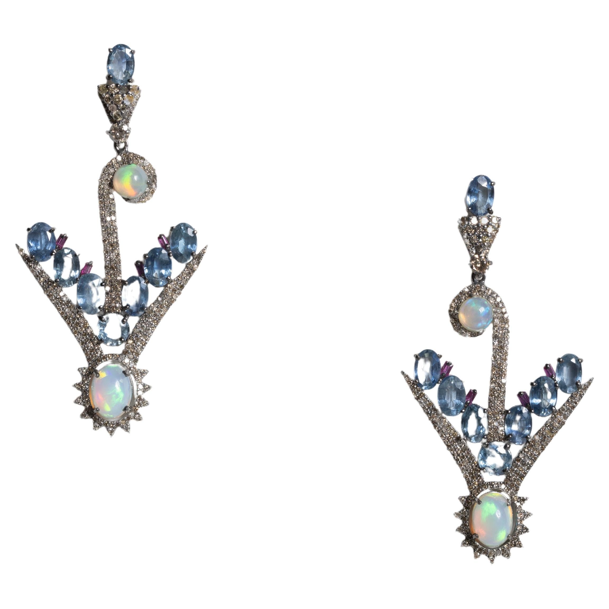 Blue Sapphire, Opal and Diamond Dangle Earrings