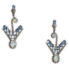 Blue Sapphire, Opal and Diamond Dangle Earrings