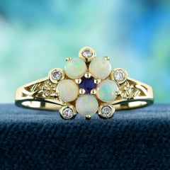 Antik-inspirierter Blumen-Cluster-Ring mit Opal und Saphir aus 14-karätigem Gold