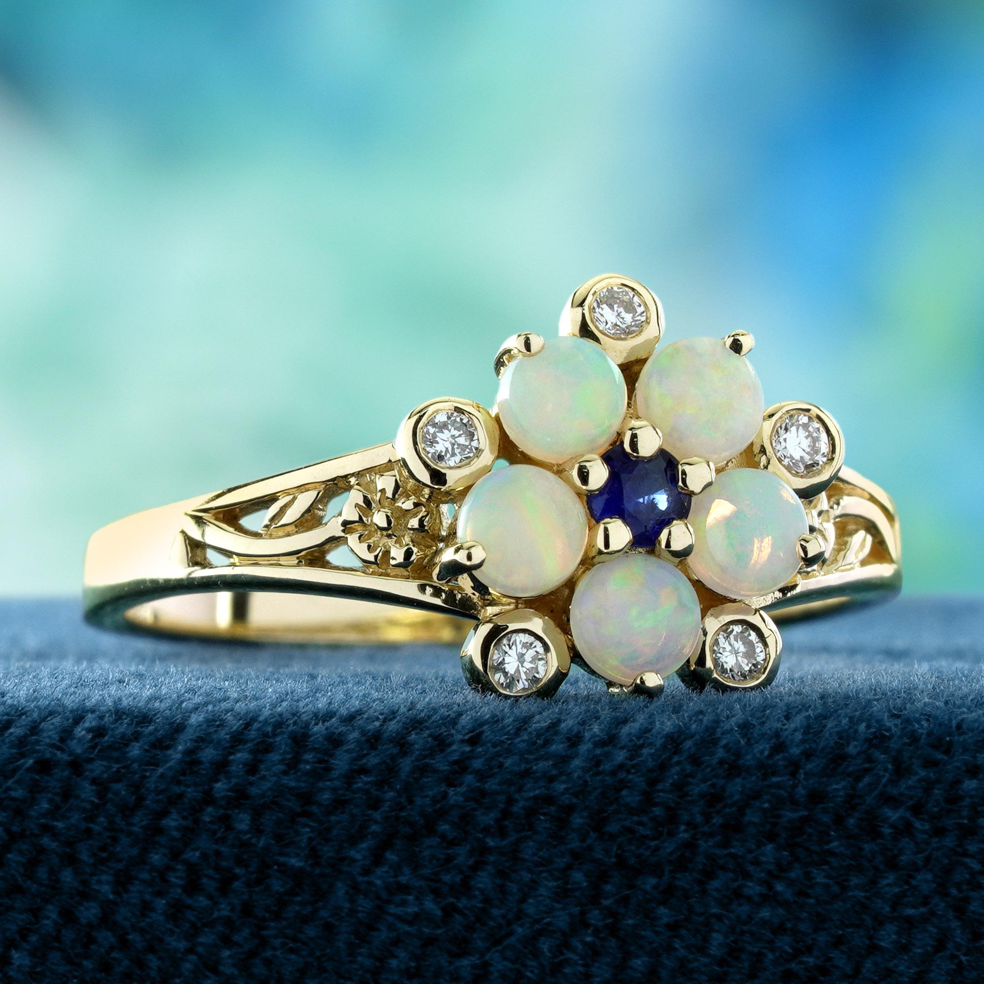 Edwardian Blue Sapphire Opal and Diamond Vintage Style Floral Ring in Solid 14K Yellow Go For Sale