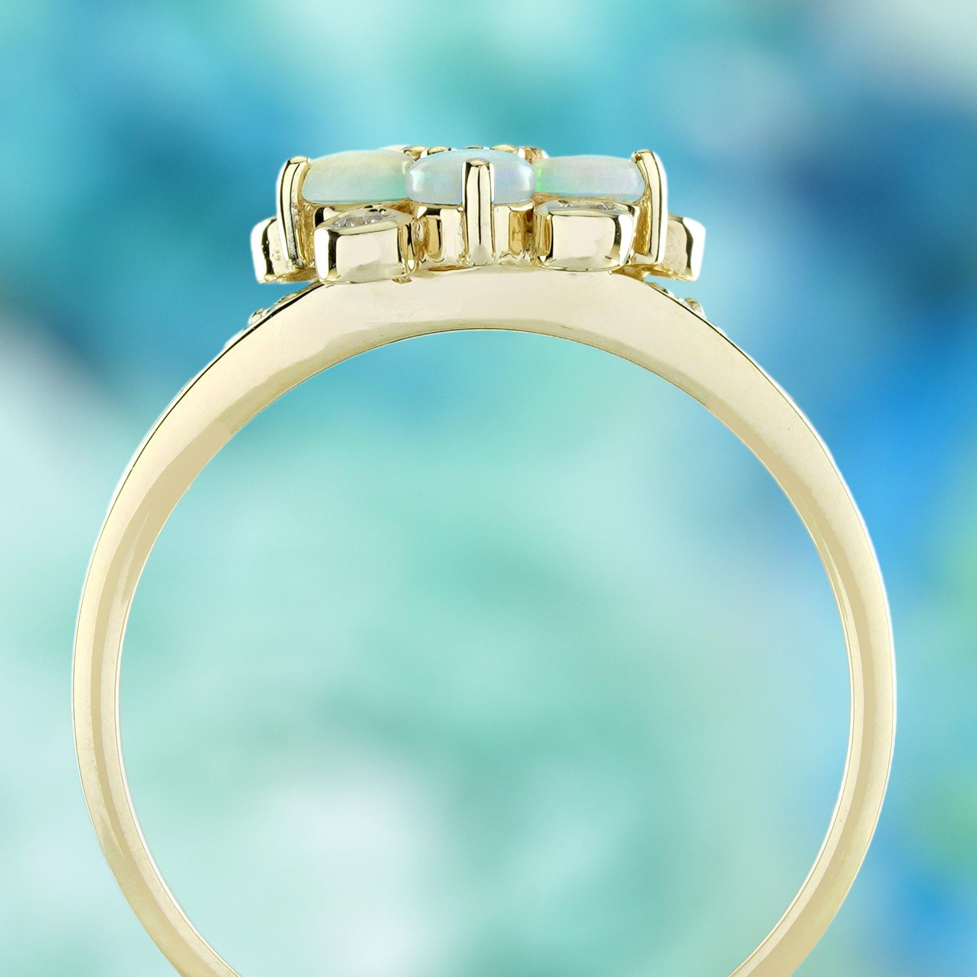 Blue Sapphire Opal and Diamond Vintage Style Floral Ring in Solid 14K Yellow Go In New Condition For Sale In Bangkok, TH