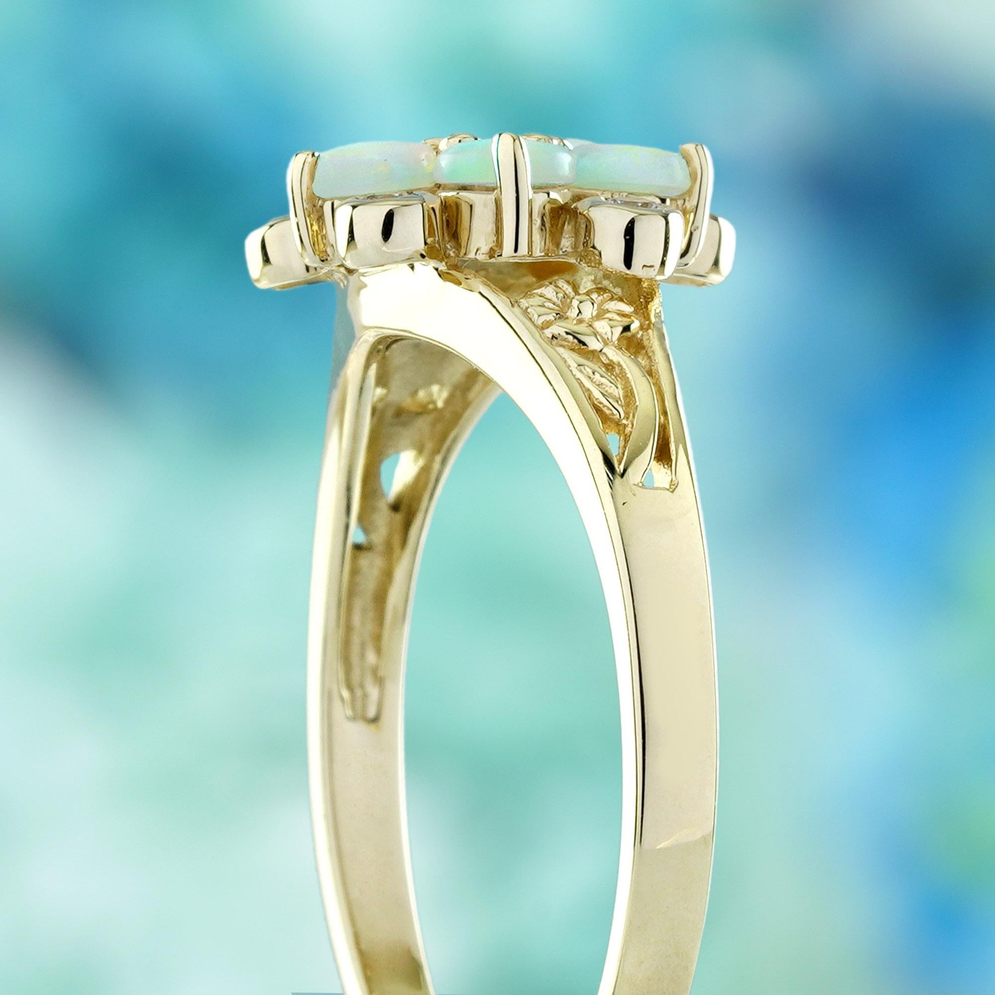 Women's Blue Sapphire Opal and Diamond Vintage Style Floral Ring in Solid 14K Yellow Go For Sale