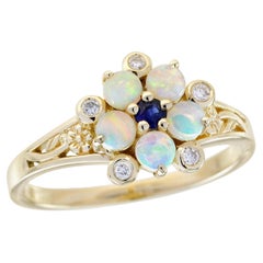 Blue Sapphire Opal and Diamond Vintage Style Floral Ring in Solid 14K Yellow Go
