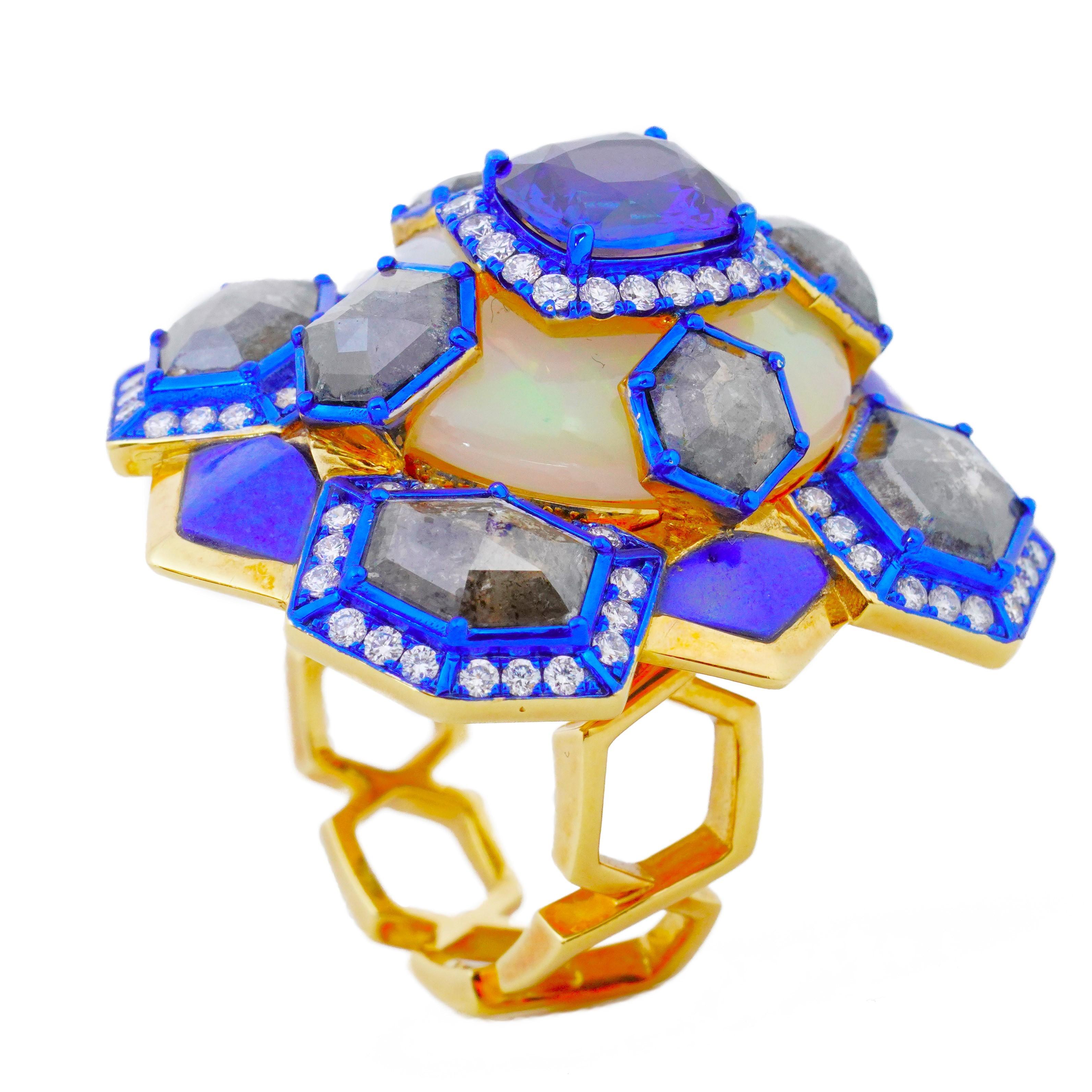 Mixed Cut Blue Sapphire, Opal, Flat-cut Diamond and Diamond Ring, 18K Gold, Austy Lee For Sale