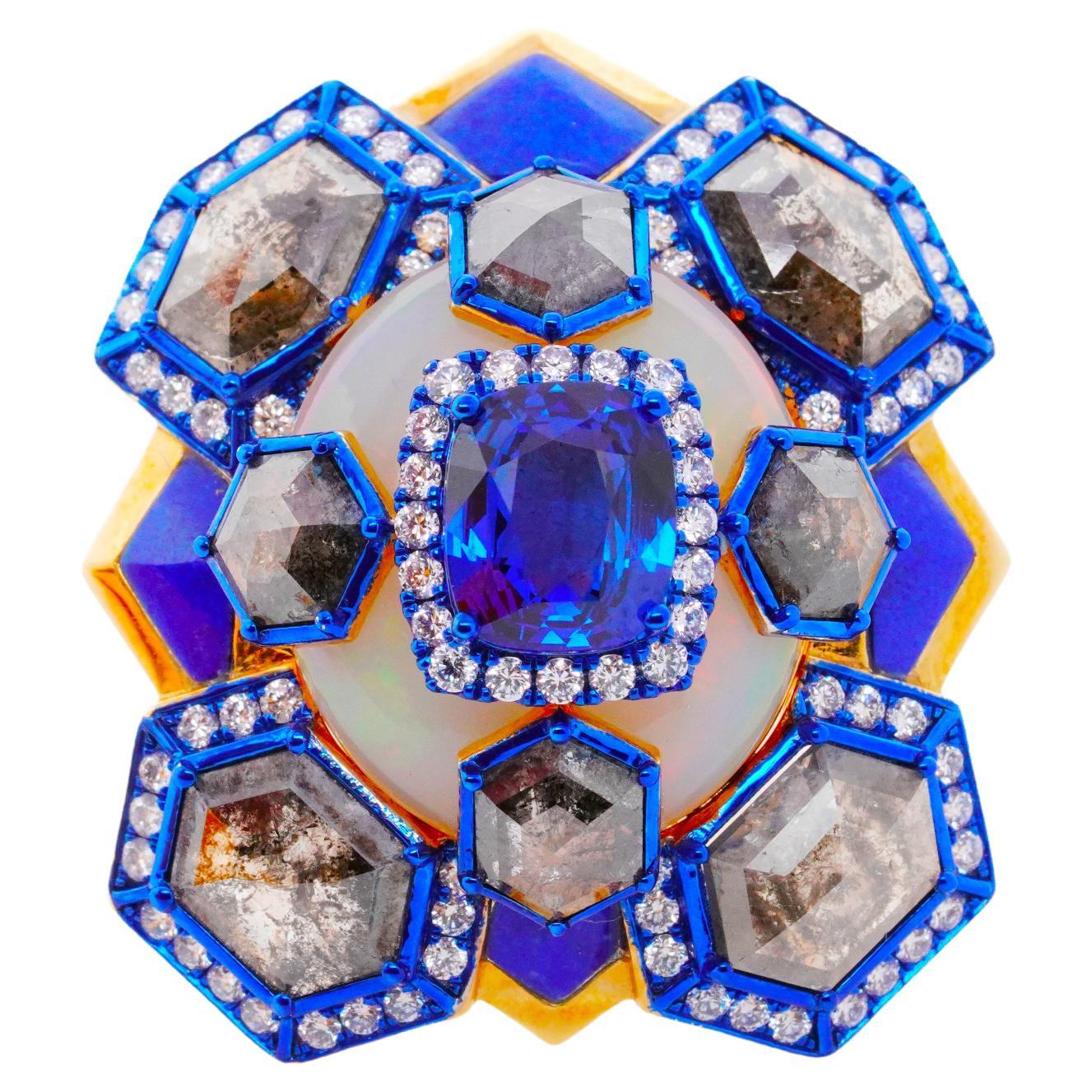 Blue Sapphire, Opal, Flat-cut Diamond and Diamond Ring, 18K Gold, Austy Lee For Sale