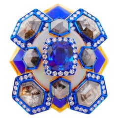 Austy Lee, bague en or 18 carats, saphir bleu, opale, diamant taille plate et diamants