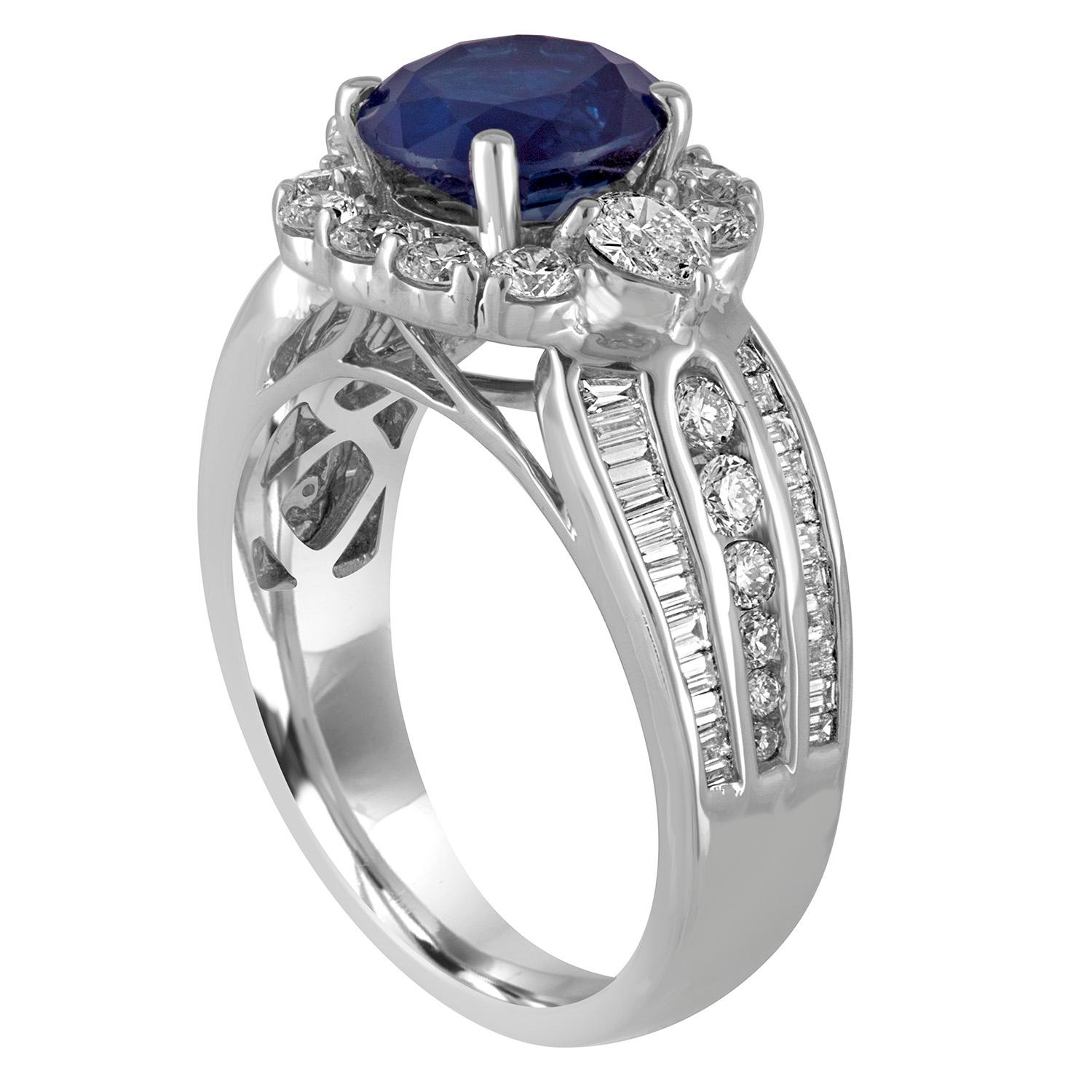 Art Deco Style Blue Sapphire Oval White Diamond Halo Gold Fashion Cocktail Ring In New Condition In NEW YORK, NY