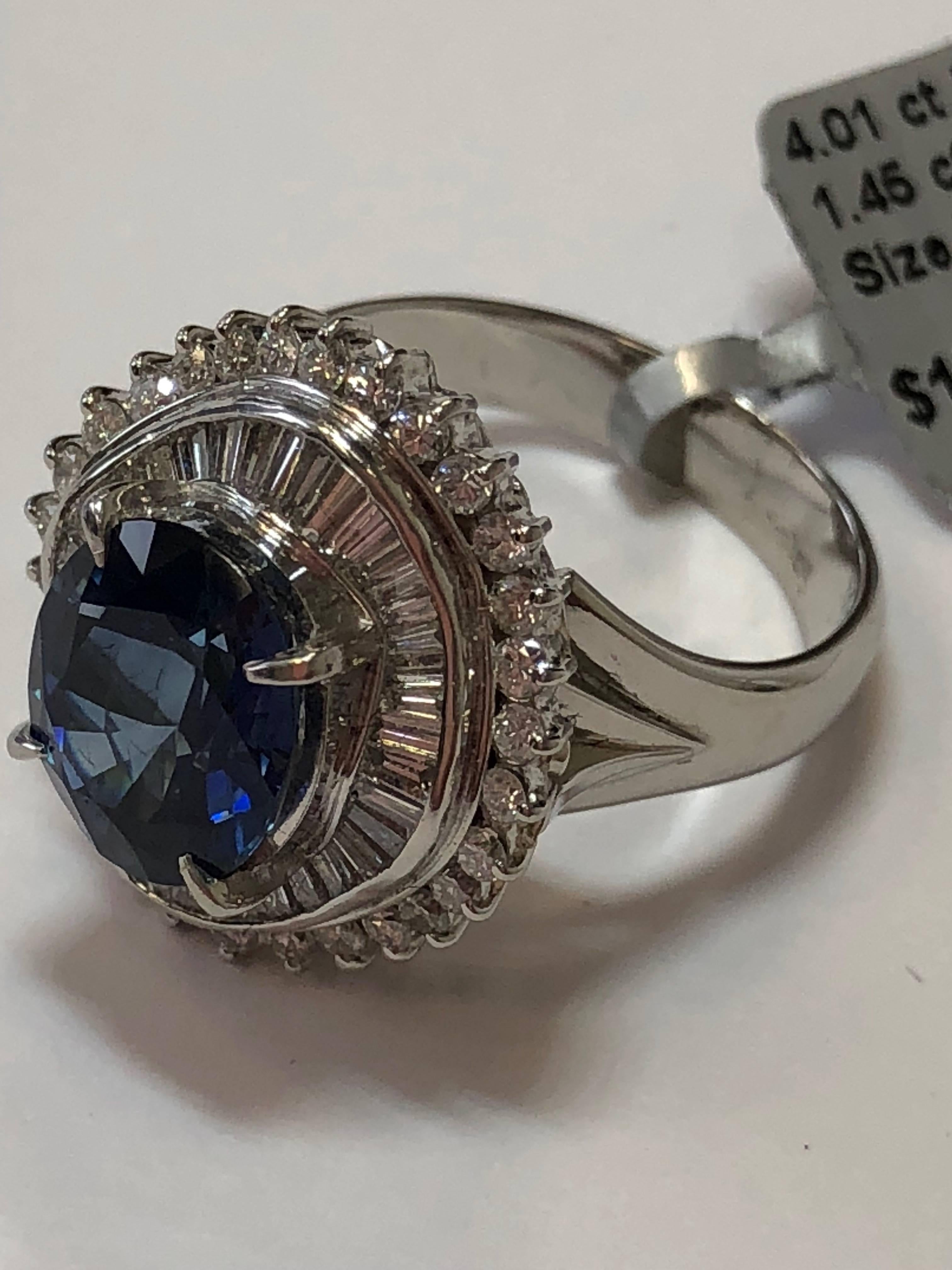 Women's or Men's Blue Sapphire Oval and Diamond Cocktail Ring in Platinum