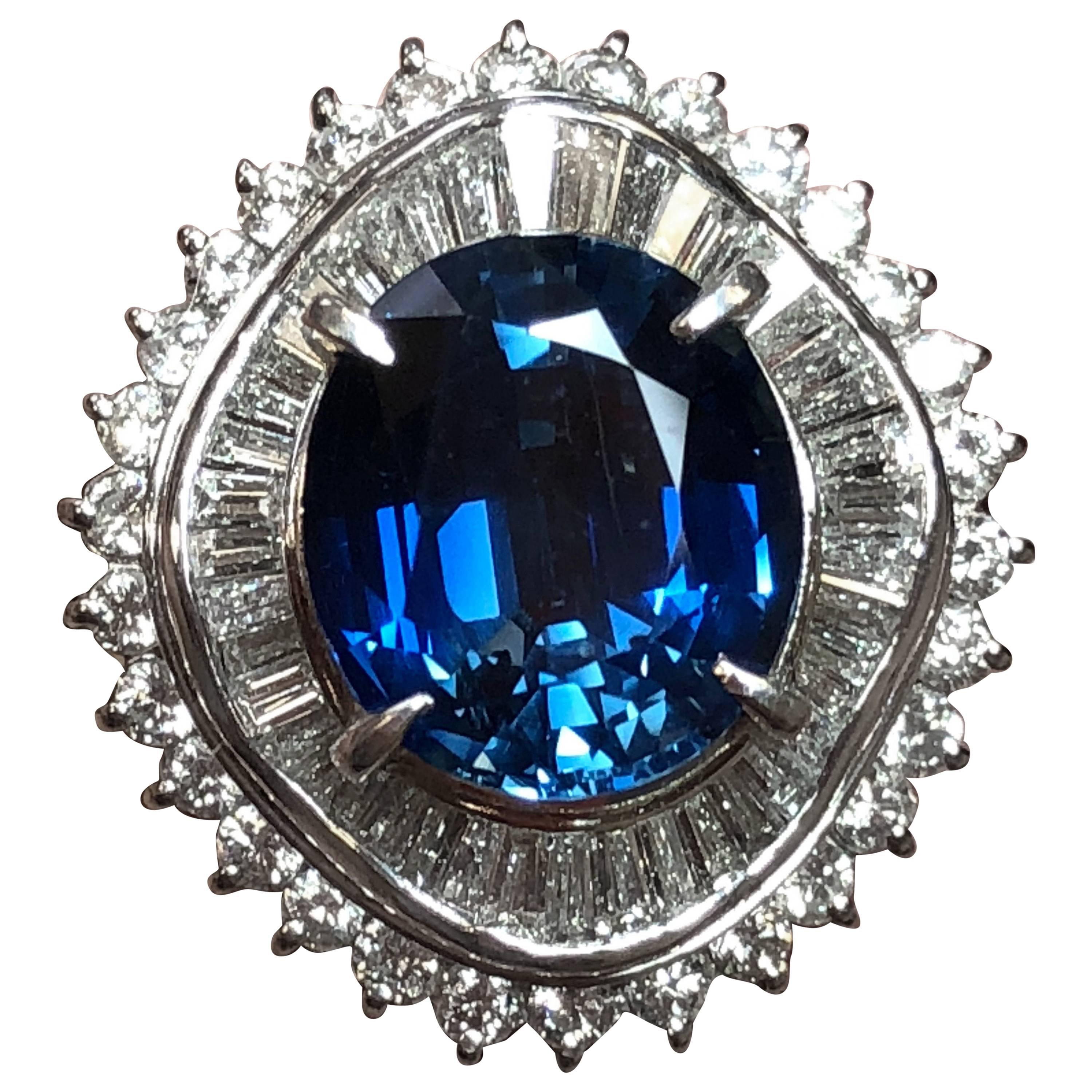 Blue Sapphire Oval and Diamond Cocktail Ring in Platinum