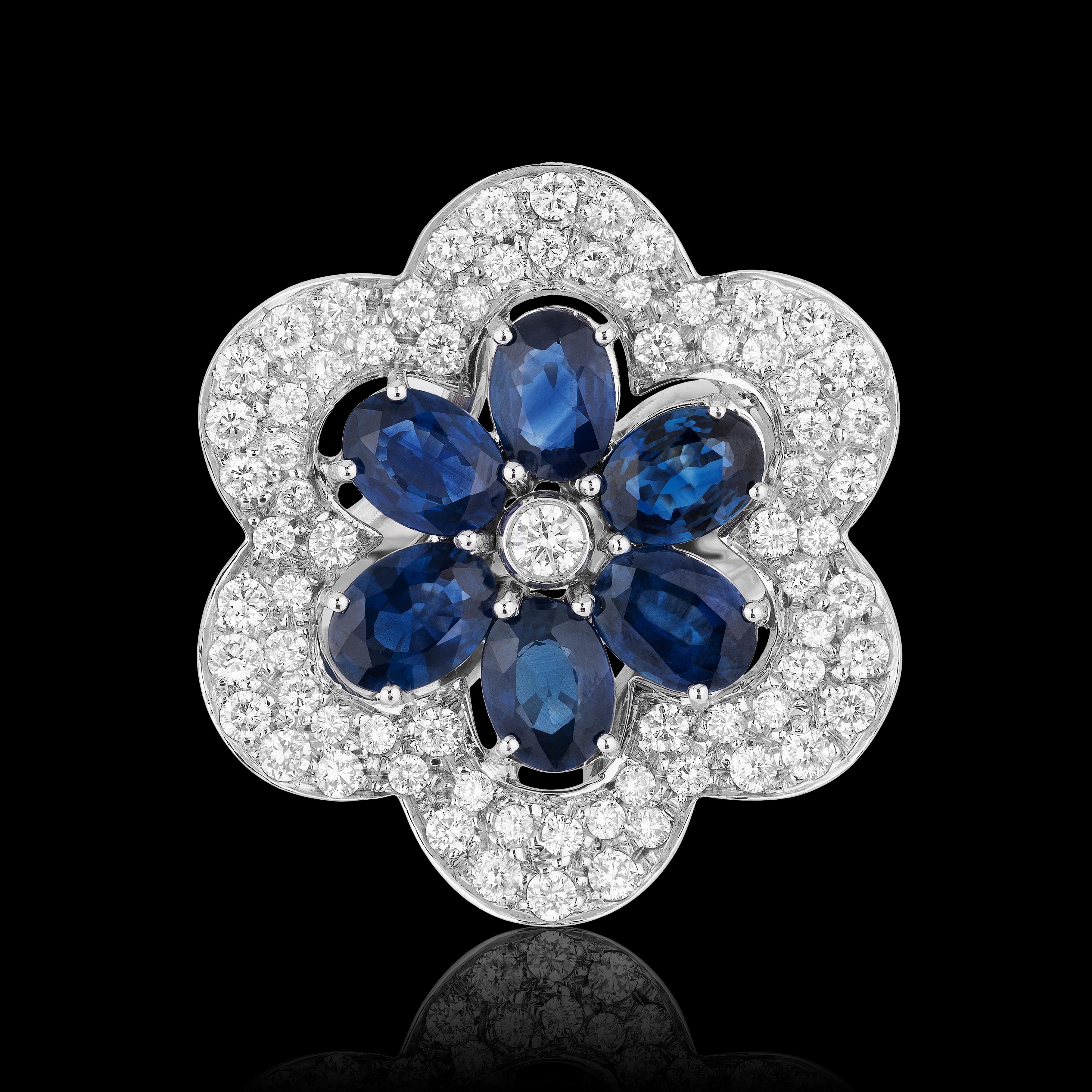 Contemporary Blue Sapphire Oval and Diamond Flower Cocktail Ring in 18 Karat White Gold