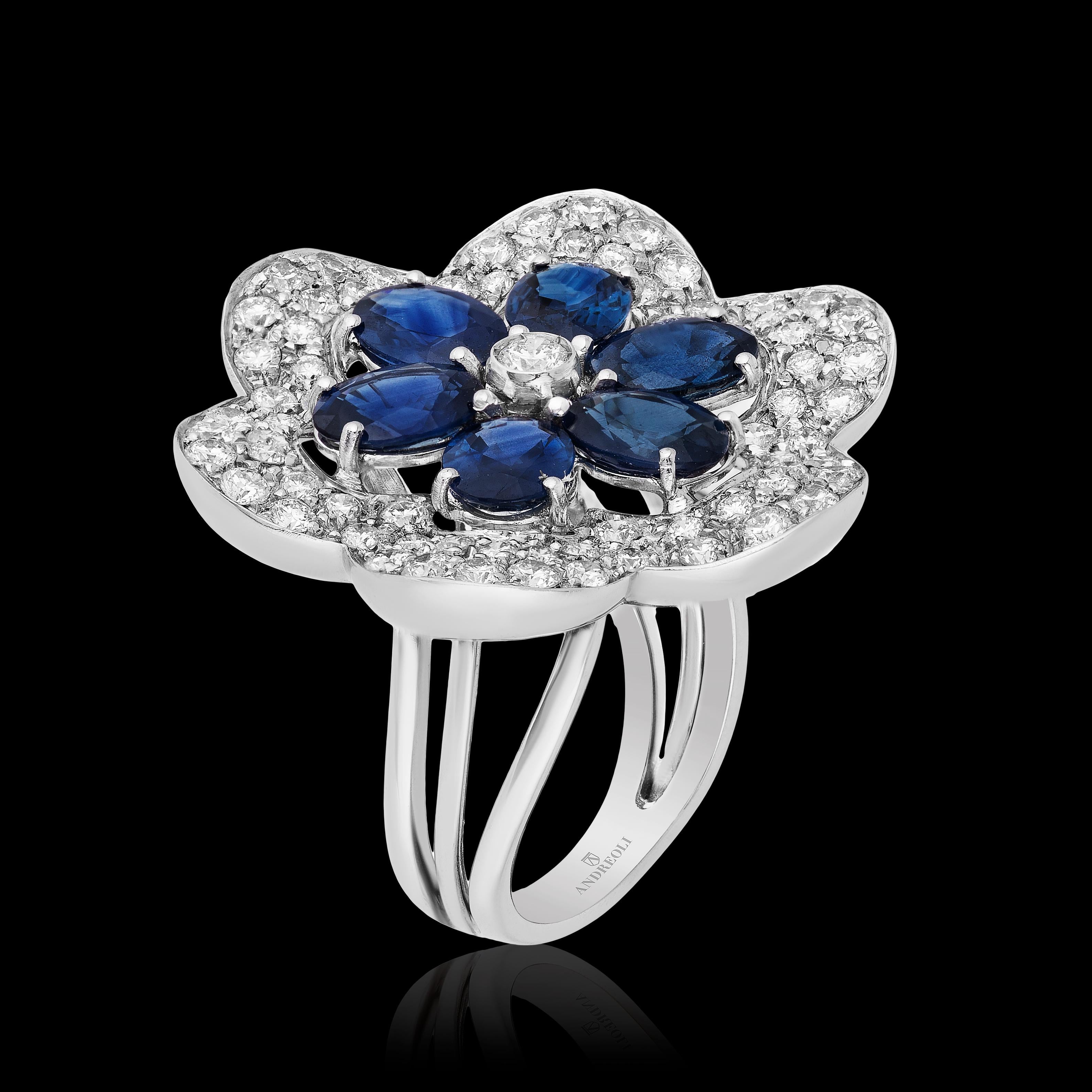 Oval Cut Blue Sapphire Oval and Diamond Flower Cocktail Ring in 18 Karat White Gold