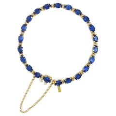 Blue Sapphire Oval and White Diamond Bracelet in 14k Yellow Gold