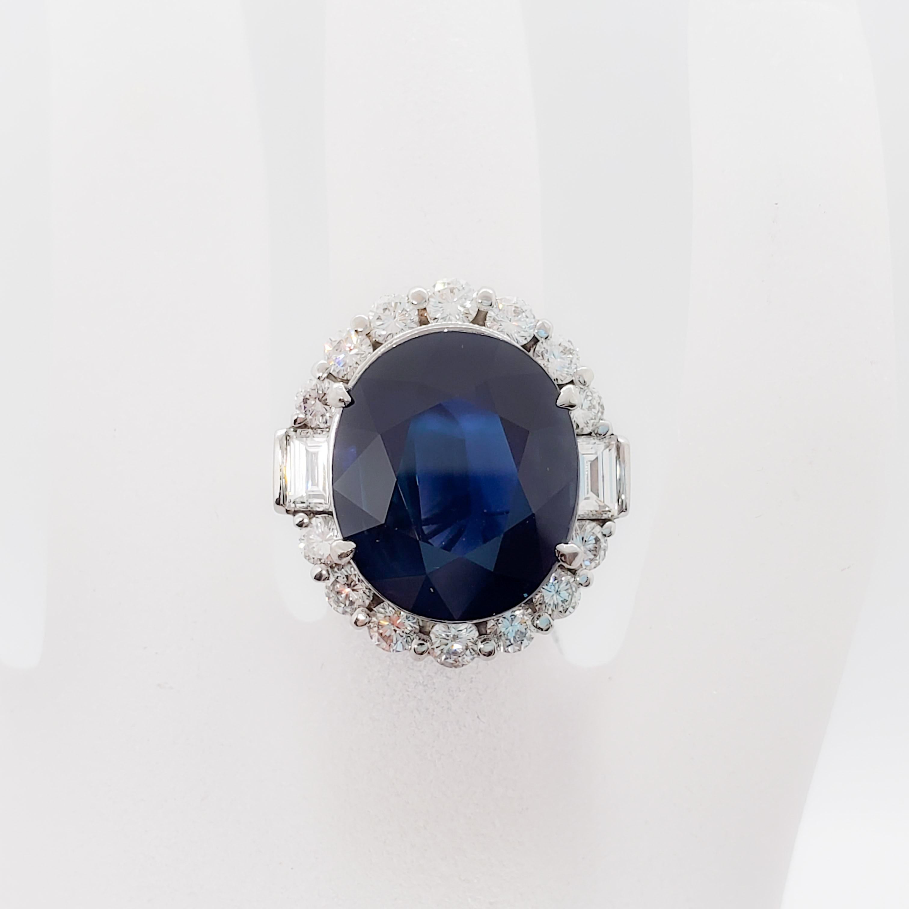 Blue Sapphire Oval and White Diamond Cocktail Ring in Platinum 8