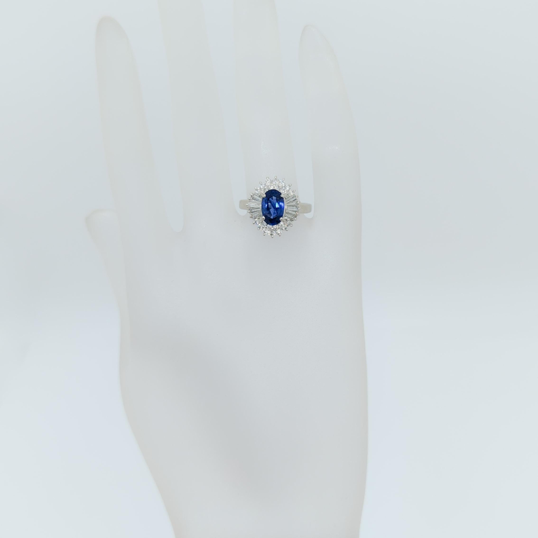 Oval Cut Blue Sapphire Oval and White Diamond Cocktail Ring in Platinum For Sale