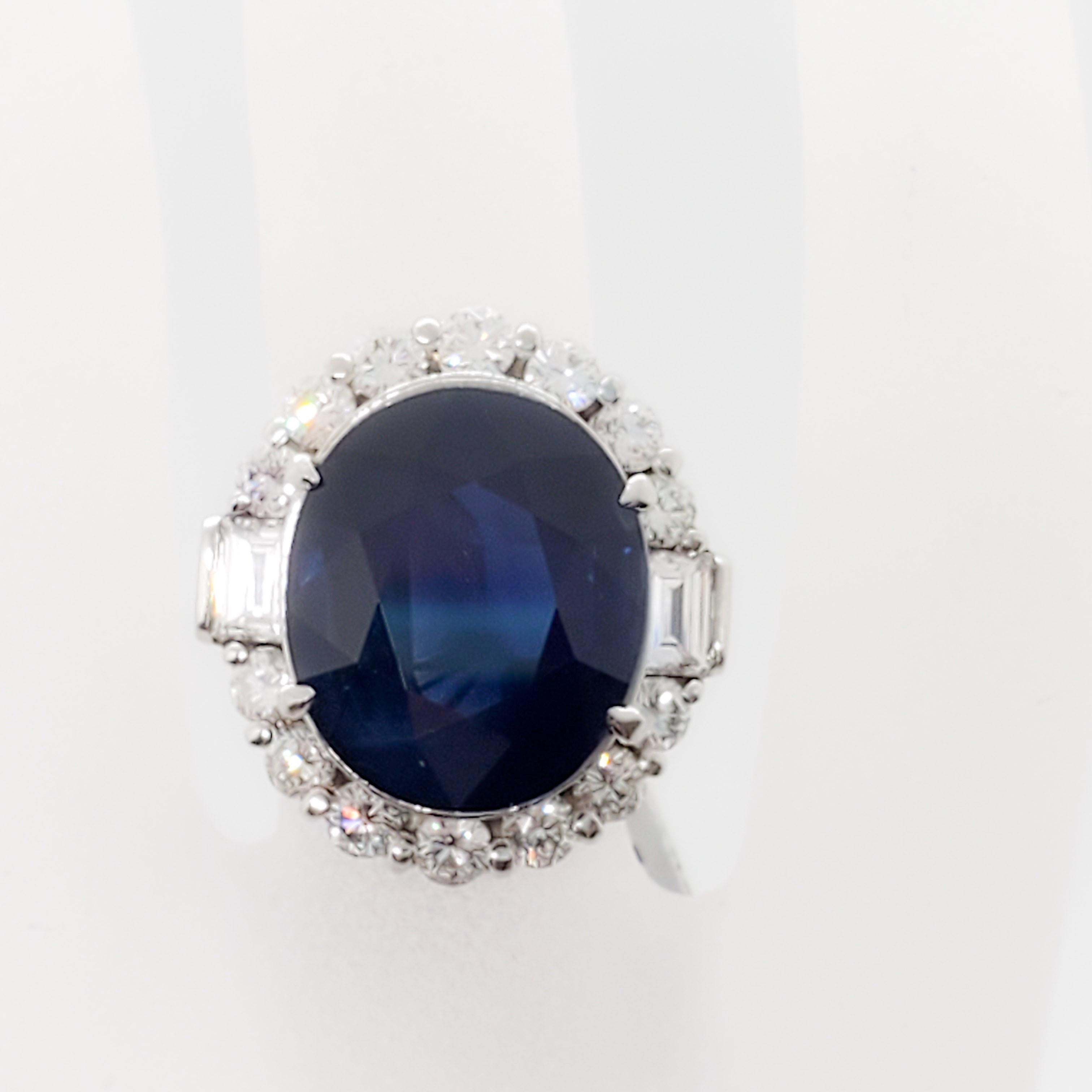 Women's or Men's Blue Sapphire Oval and White Diamond Cocktail Ring in Platinum