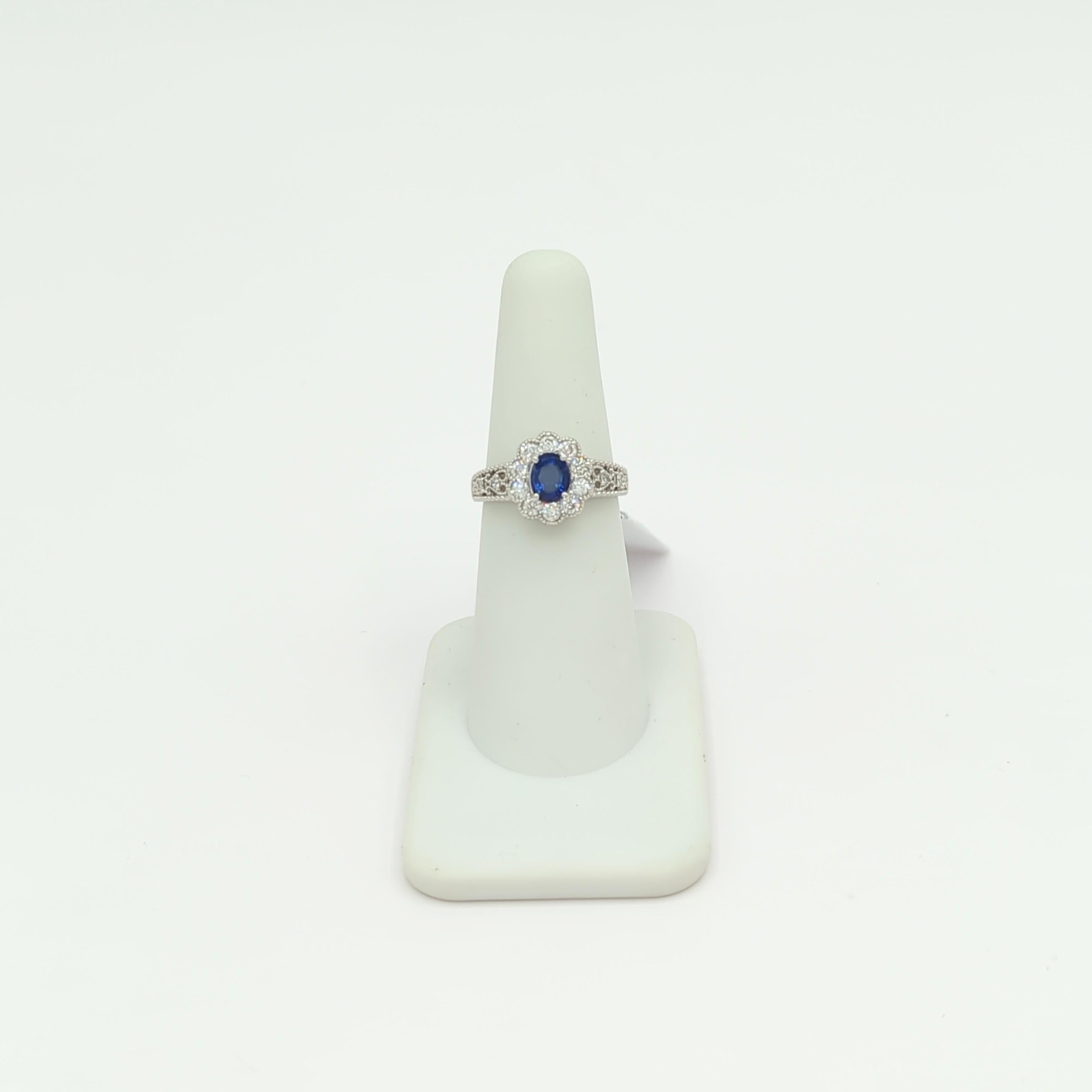 Blue Sapphire Oval and White Diamond Cocktail Ring in Platinum For Sale 2