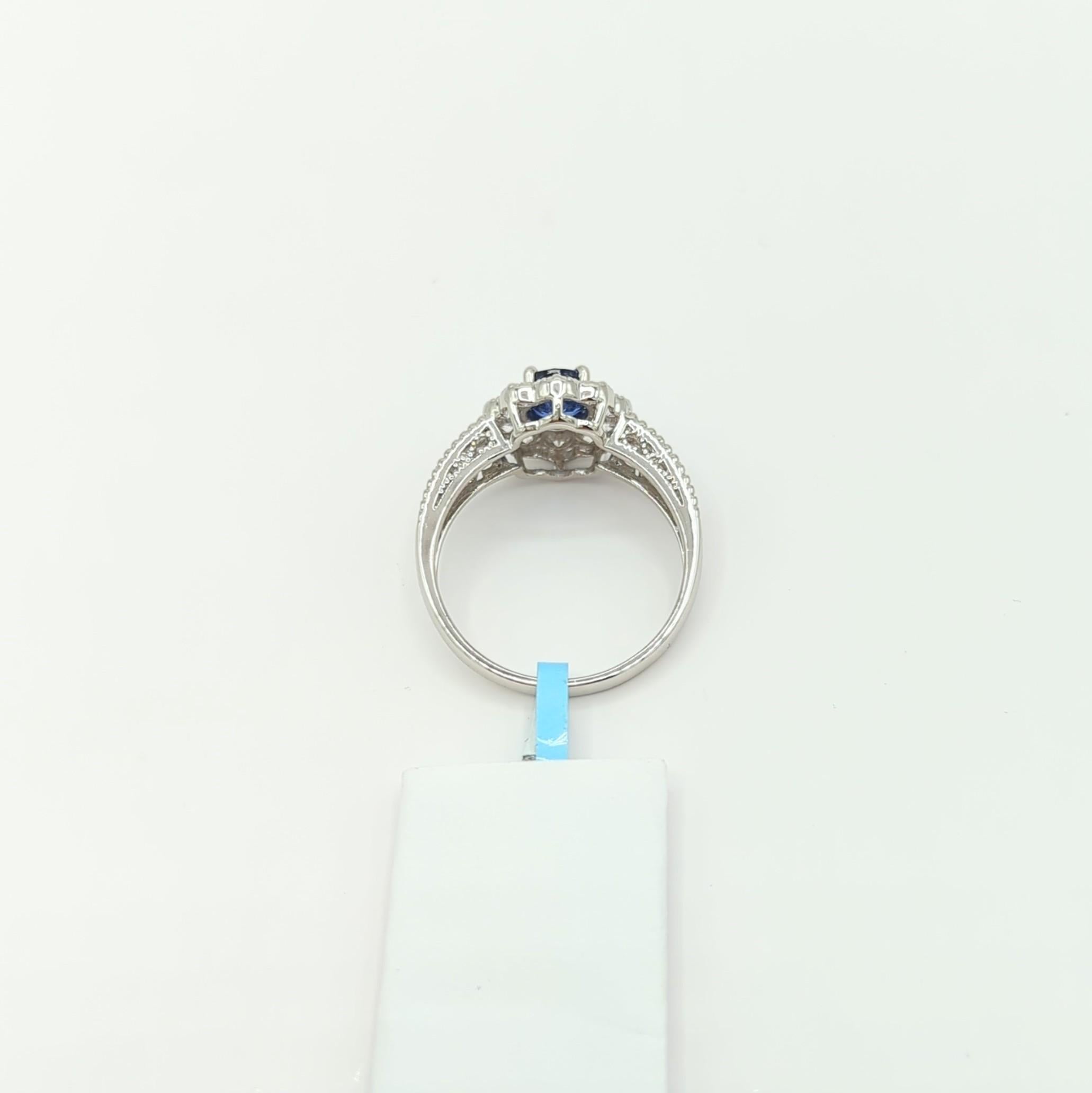 Blue Sapphire Oval and White Diamond Cocktail Ring in Platinum For Sale 4