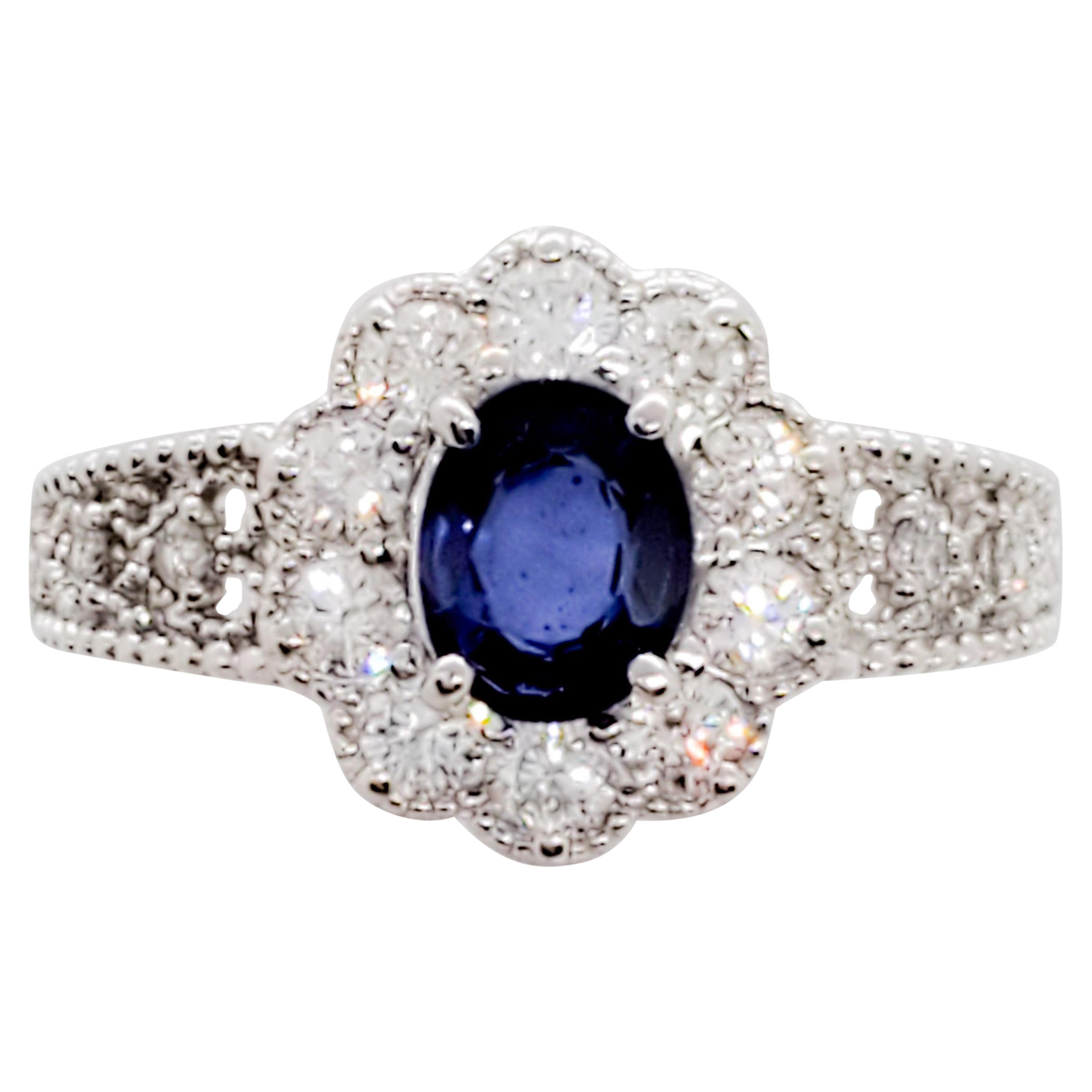 Blue Sapphire Oval and White Diamond Cocktail Ring in Platinum For Sale