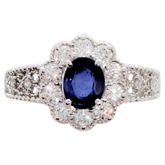 Blue Sapphire Oval and White Diamond Cocktail Ring in Platinum
