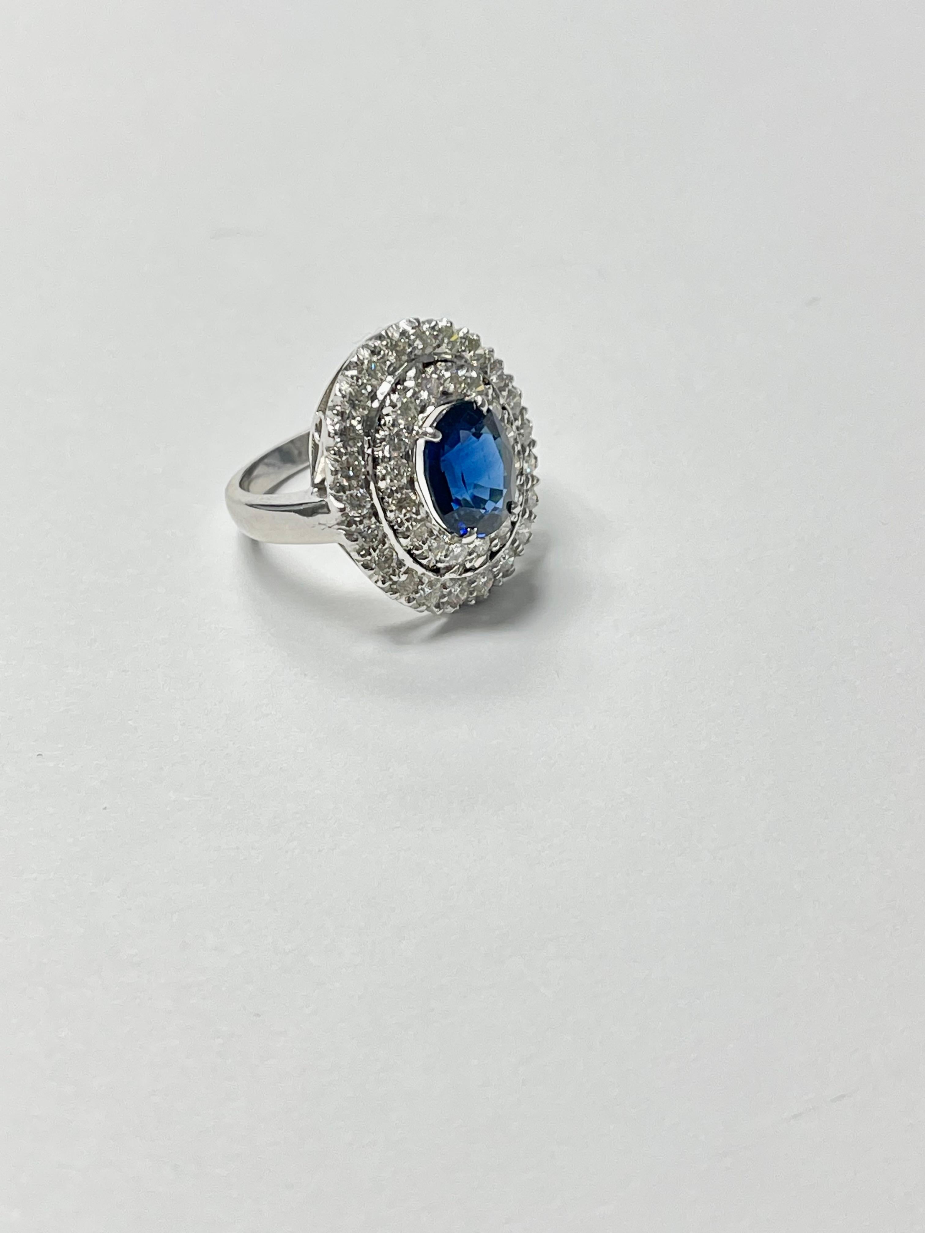 Blue Sapphire Oval and White Diamond Engagement Ring In 18K White Gold.  For Sale 1