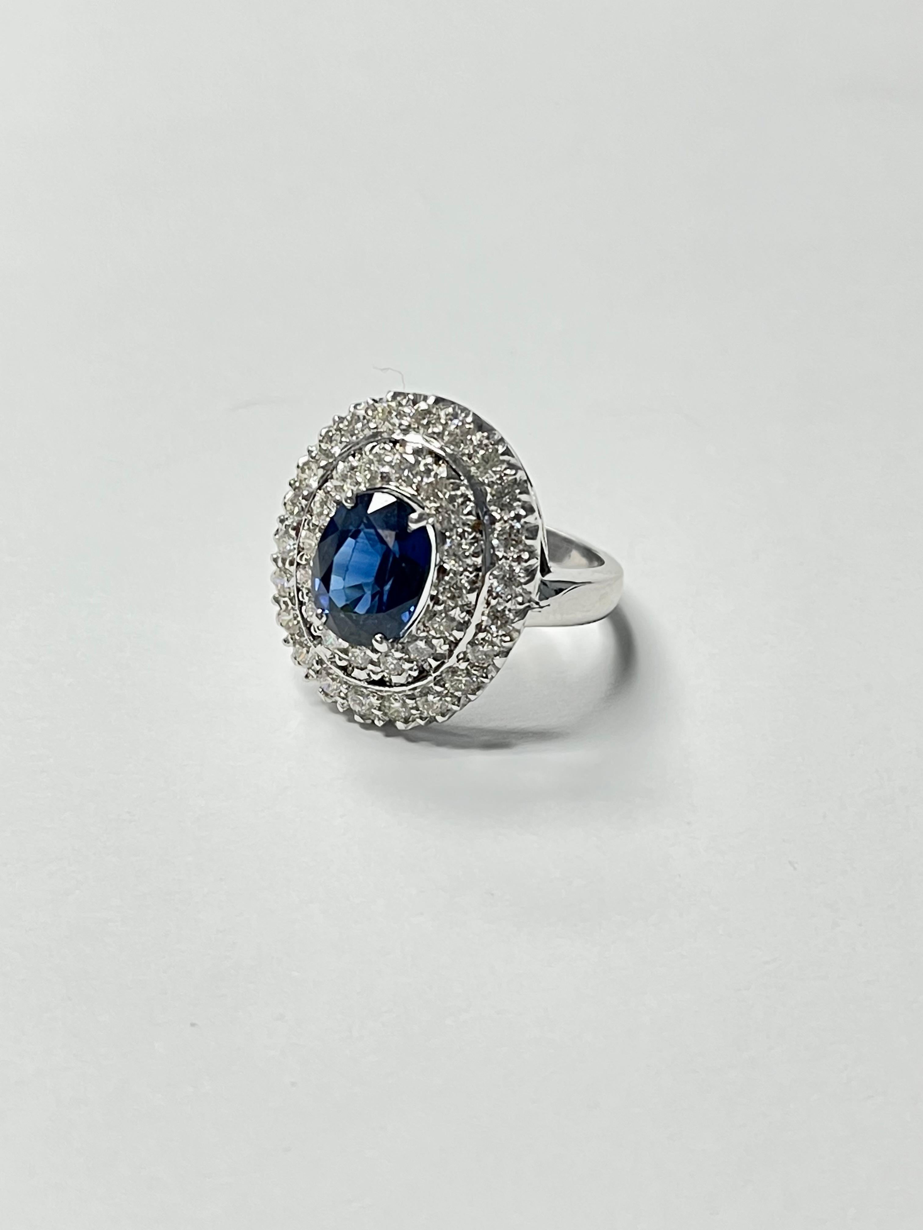 Blue Sapphire Oval and White Diamond Engagement Ring In 18K White Gold.  For Sale 3