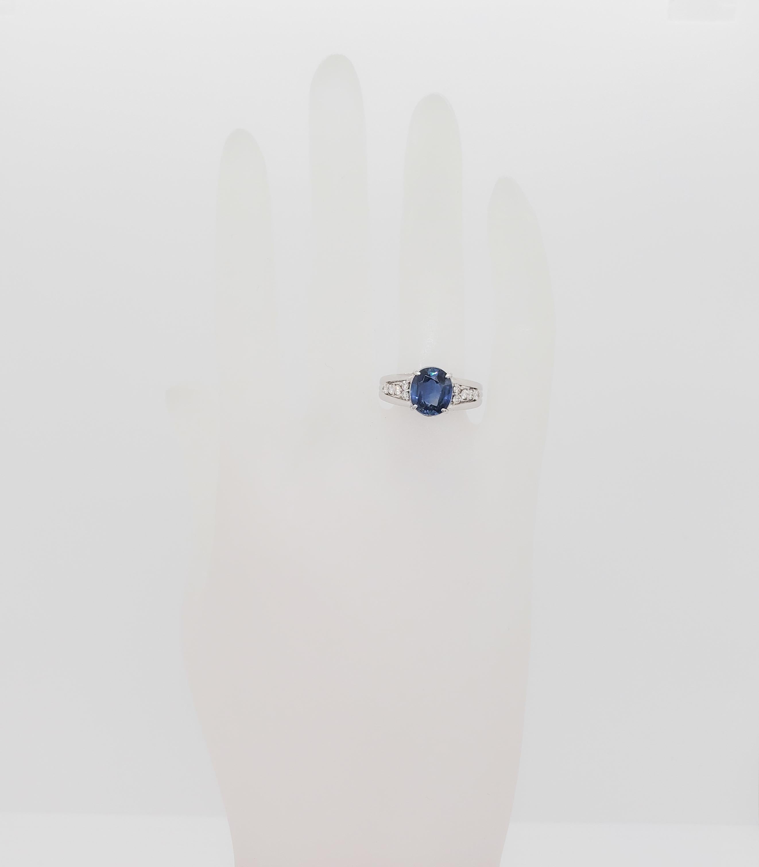 Oval Cut Blue Sapphire Oval and White Diamond Ring in 18k White Gold