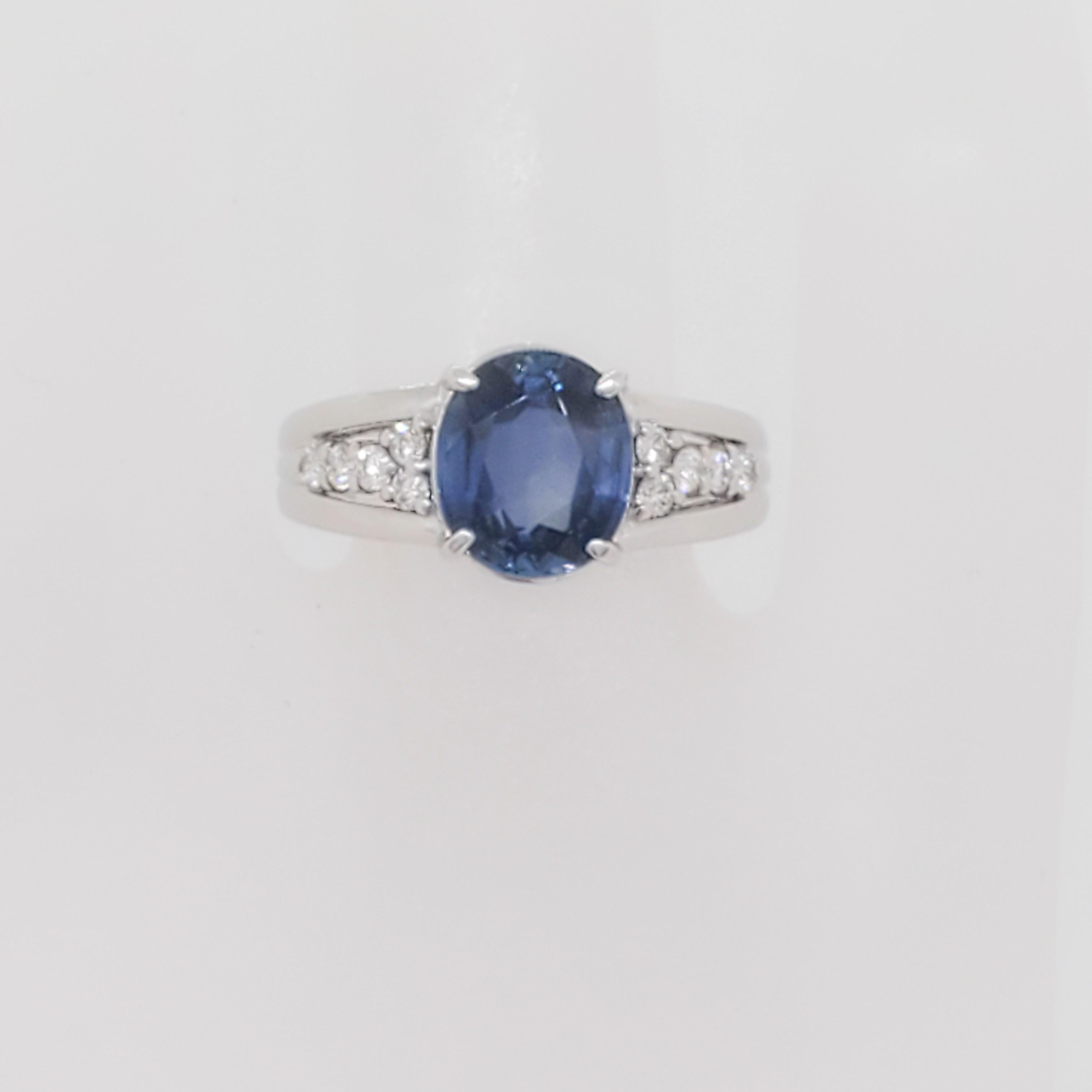 Women's or Men's Blue Sapphire Oval and White Diamond Ring in 18k White Gold
