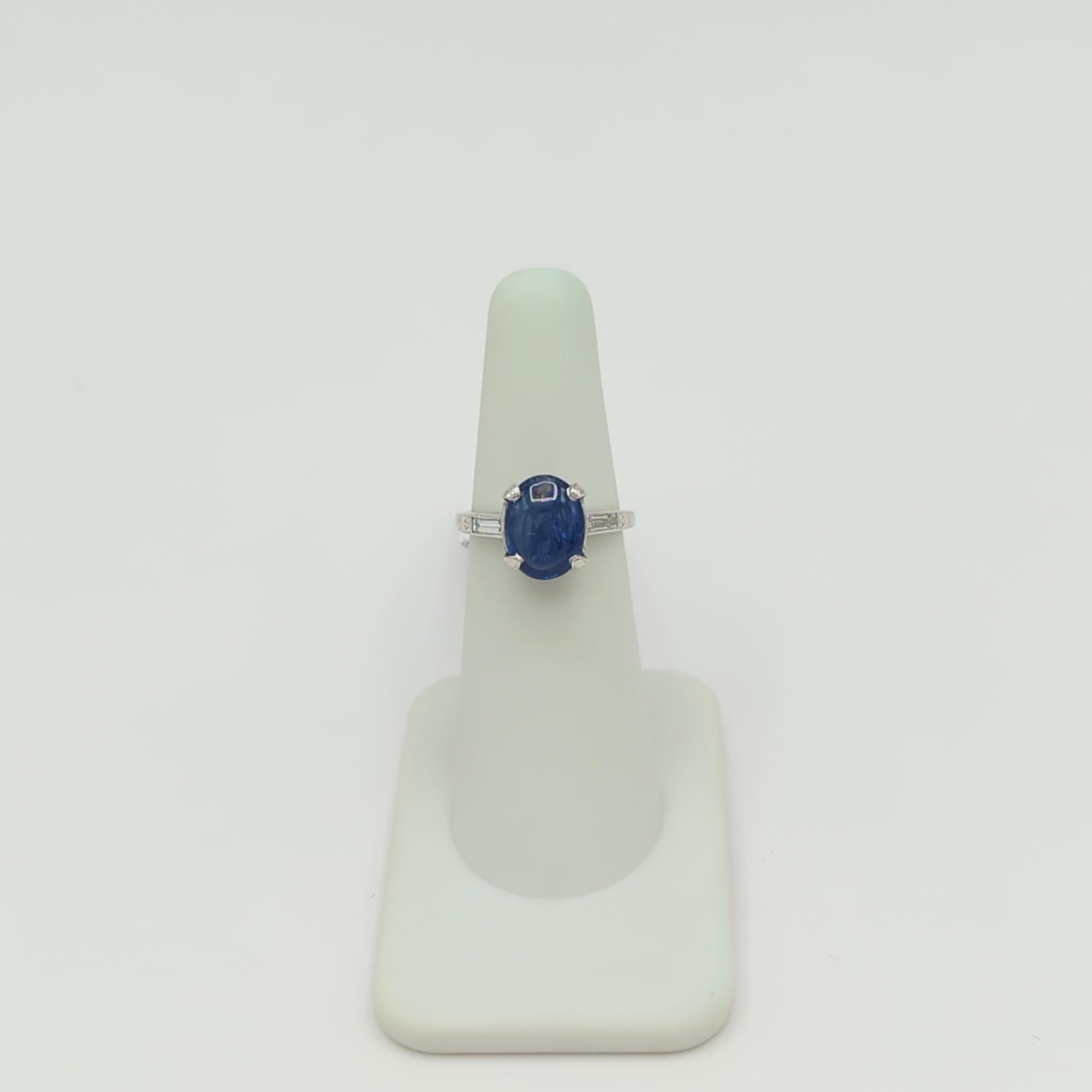 Blue Sapphire Oval and White Diamond Solitaire Ring in Platinum For Sale 2