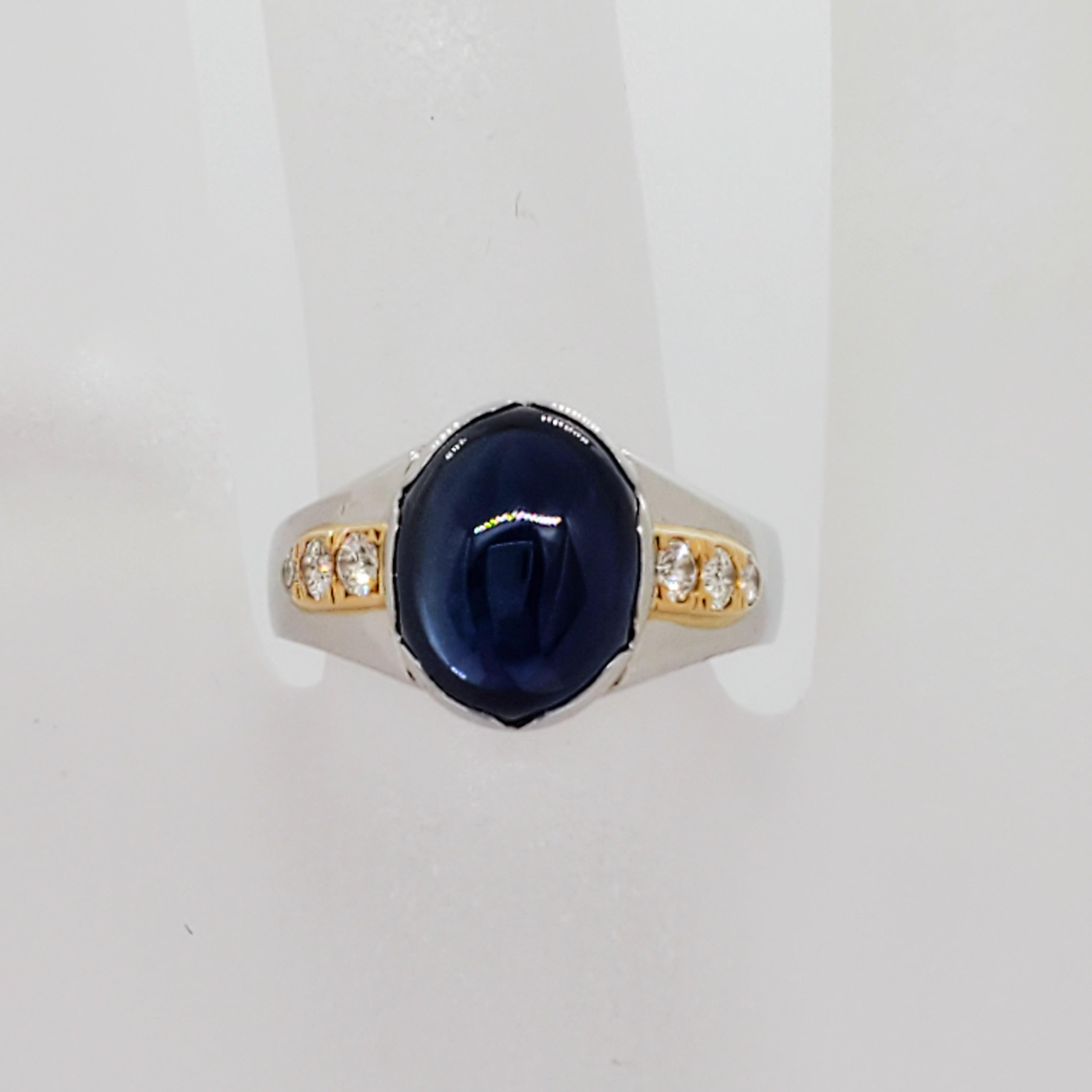 Oval Cut Blue Sapphire Oval Cabochon and White Diamond Cocktail Ring