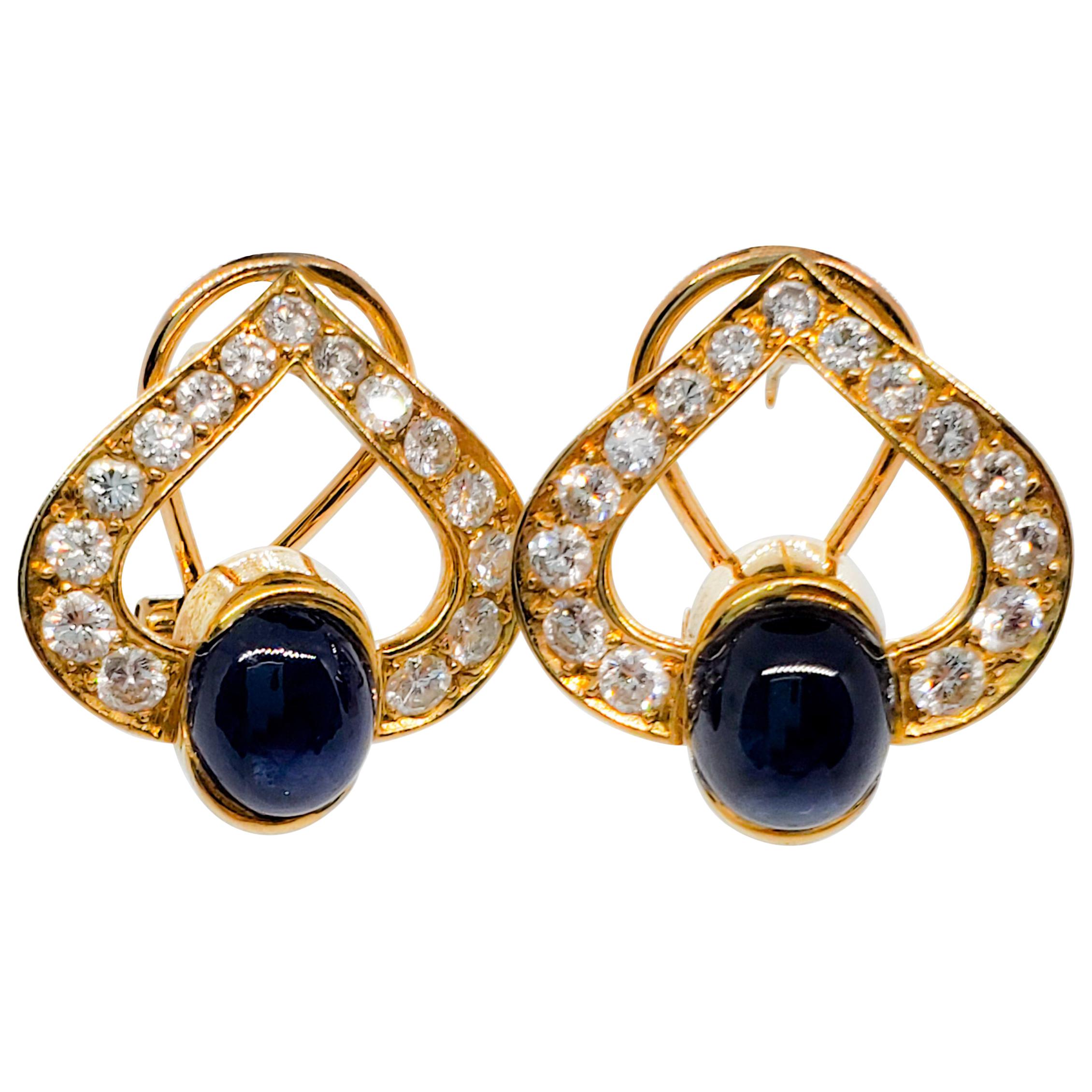 Blue Sapphire Oval Cabochon and White Diamond Earrings in 14 Karat Yellow Gold