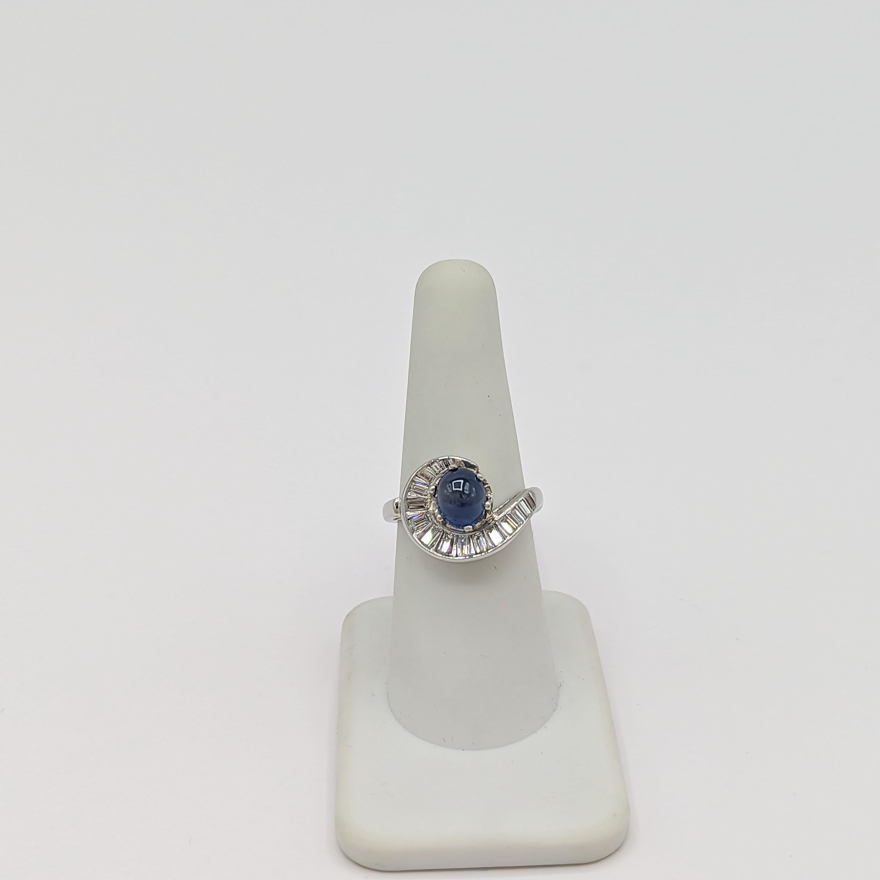 Blue Sapphire Oval Cabochon and White Diamond Ring in Platinum In New Condition For Sale In Los Angeles, CA