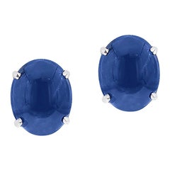 Blue Sapphire Oval Cabochon Stud Earrings Made in 14 Karat White Gold