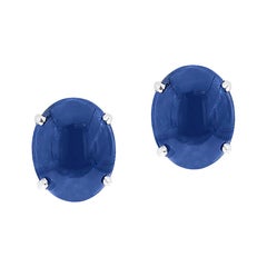 Blue Sapphire Oval Cabochon Stud Earrings Made in 14 Karat White Gold