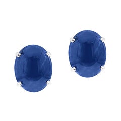 Blue Sapphire Oval Cabochon Stud Earrings Made in 14 Karat White Gold