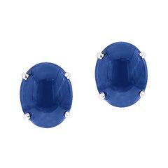 Blue Sapphire Oval Cabochon Stud Earrings Made in 14 Karat White Gold