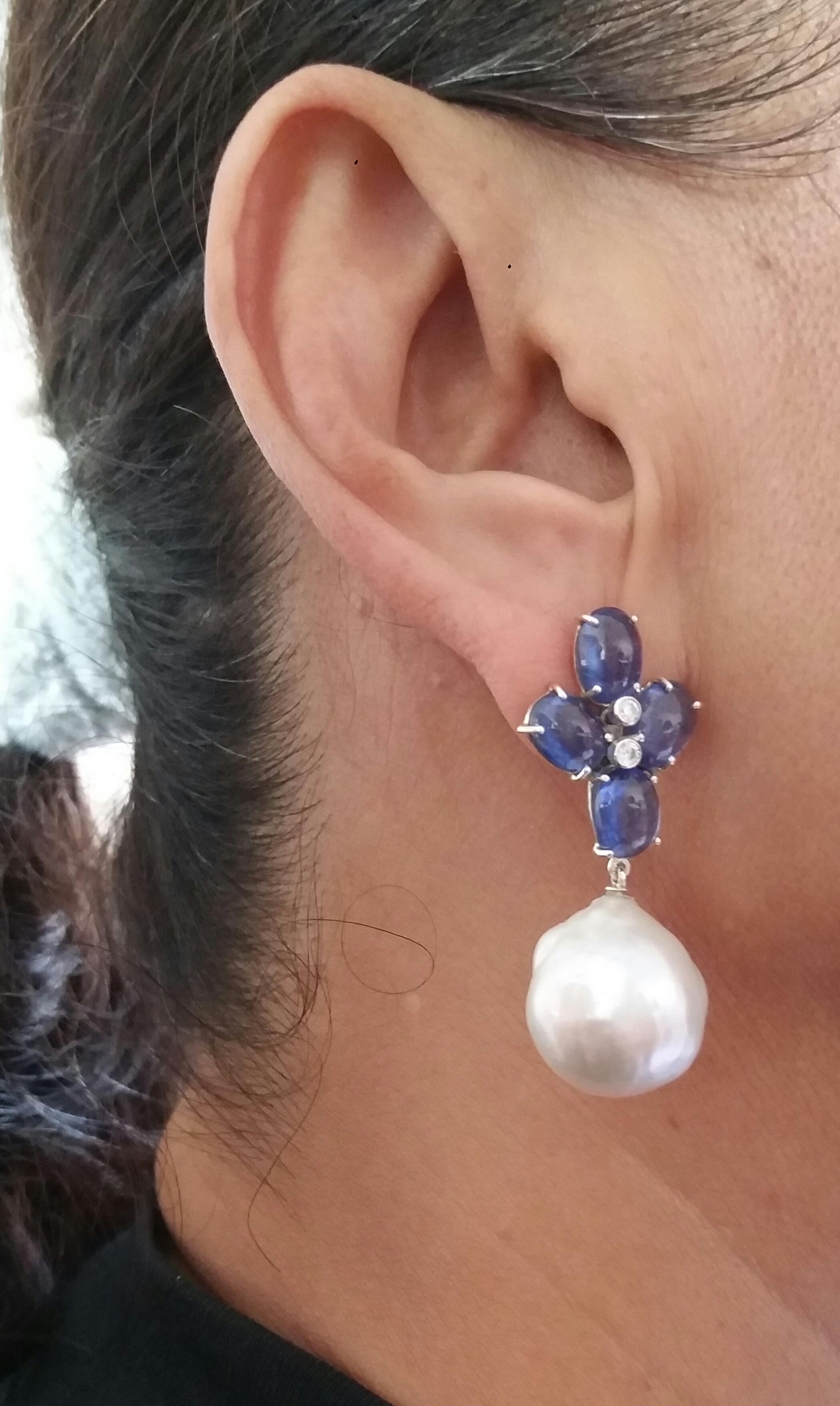Blue Sapphire Oval Cabs Gold Diamonds Big Size White Baroque Pearls Earrings For Sale 3