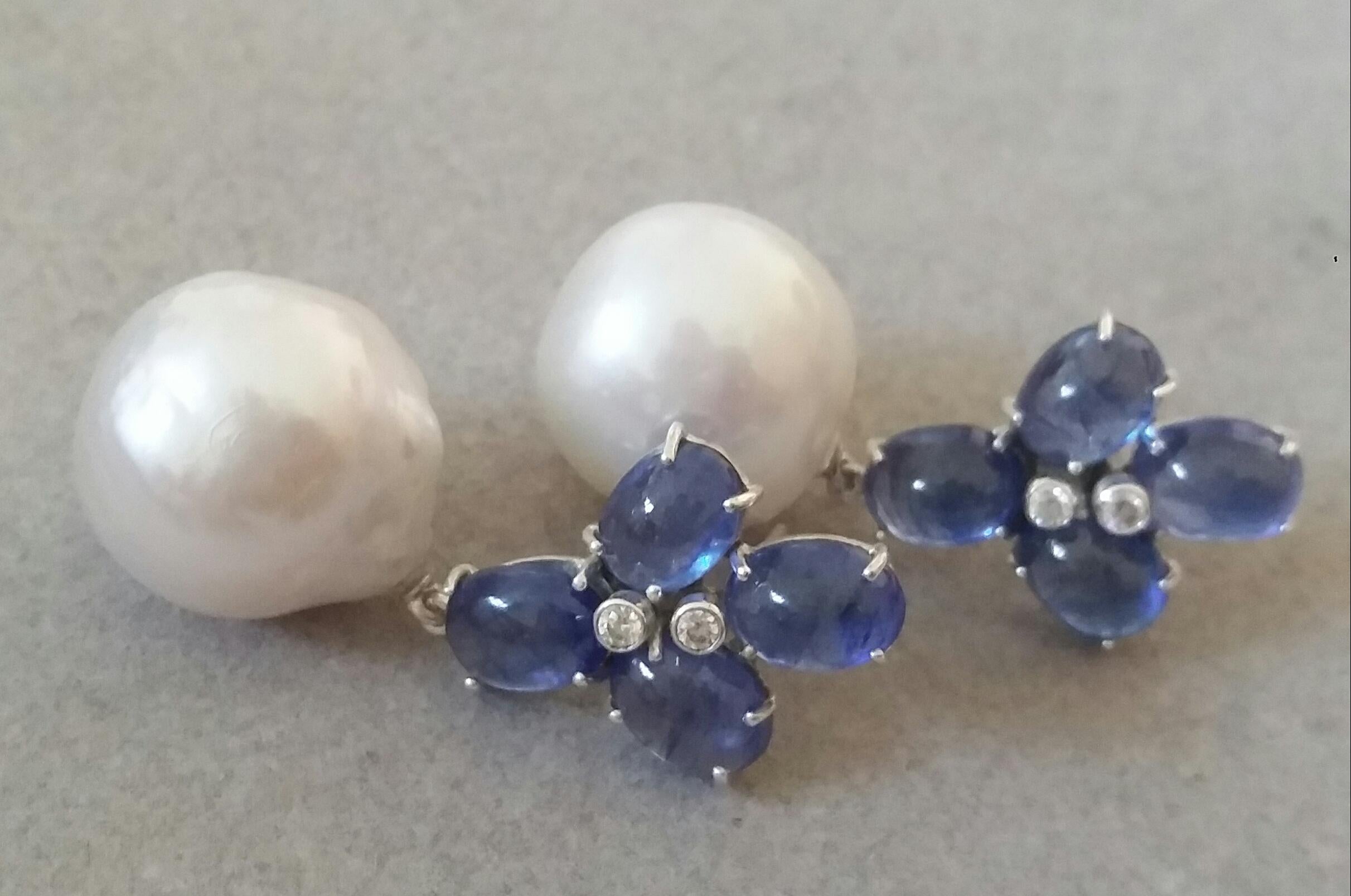 Blue Sapphire Oval Cabs Gold Diamonds Big Size White Baroque Pearls Earrings For Sale 4