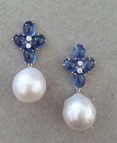Blue Sapphire Oval Cabs Gold Diamonds Big Size White Baroque Pearls Earrings