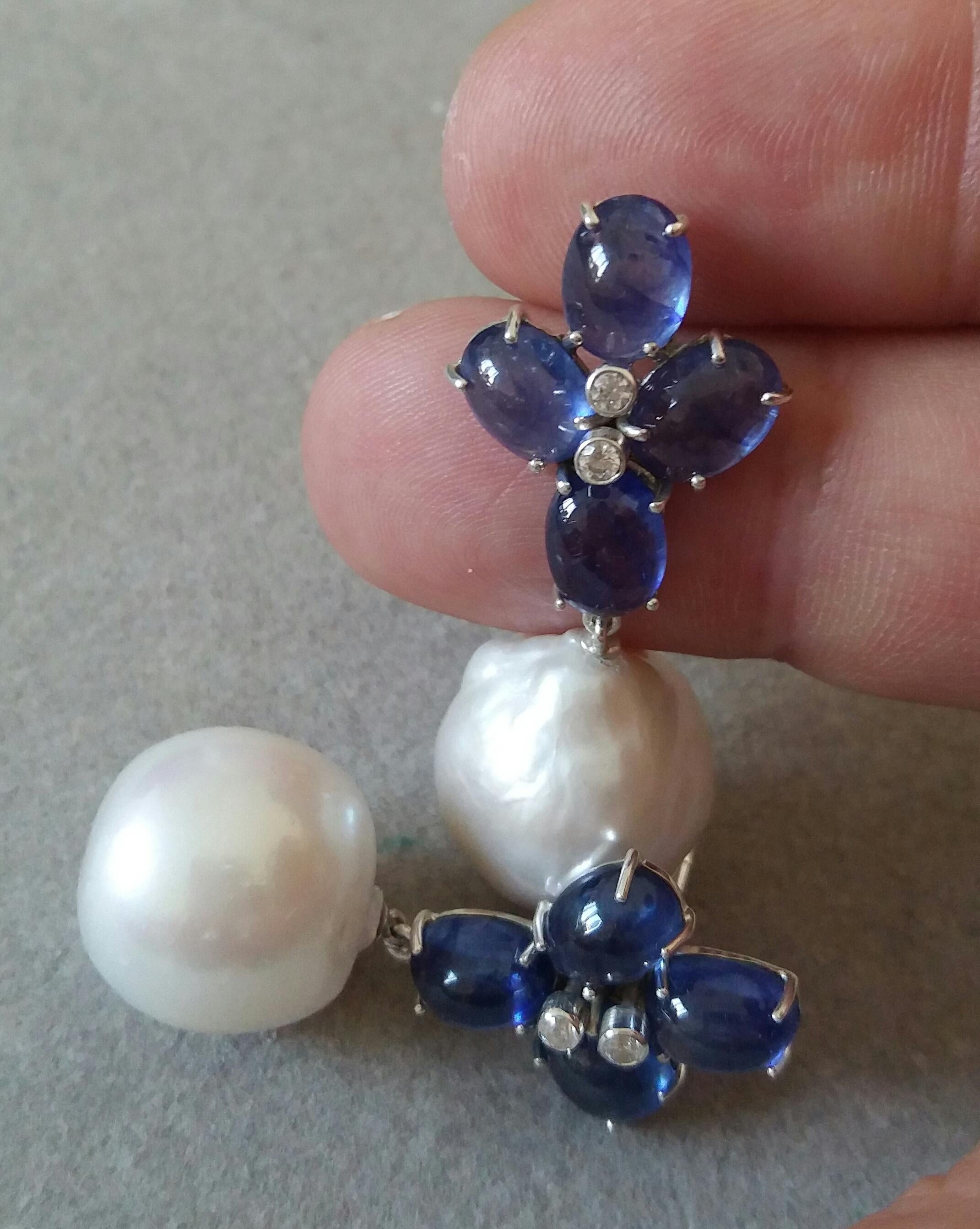 Contemporary Blue Sapphire Oval Cabs Gold Diamonds Big Size White Baroque Pearls Earrings For Sale
