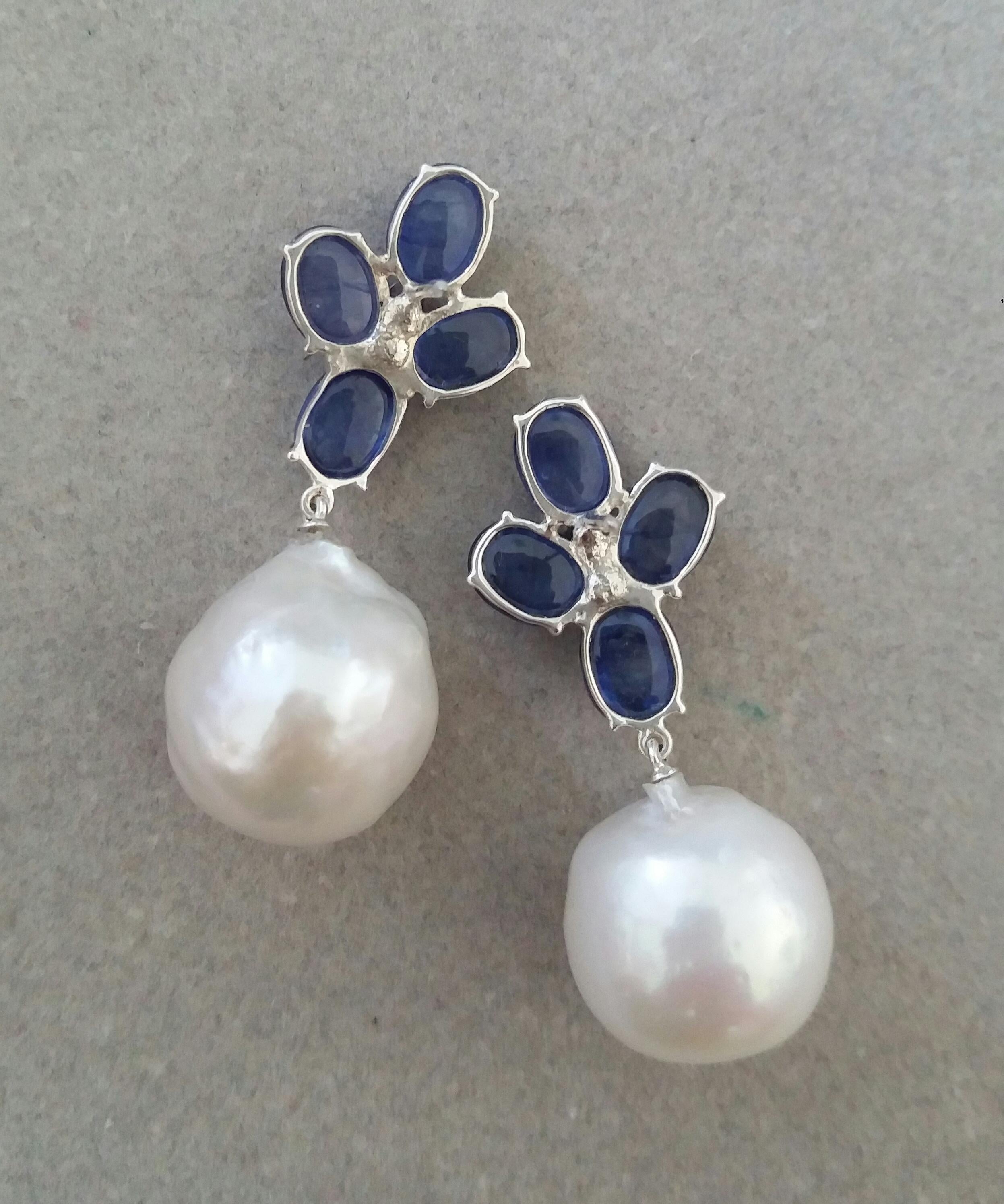 Oval Cut Blue Sapphire Oval Cabs Gold Diamonds Big Size White Baroque Pearls Earrings For Sale