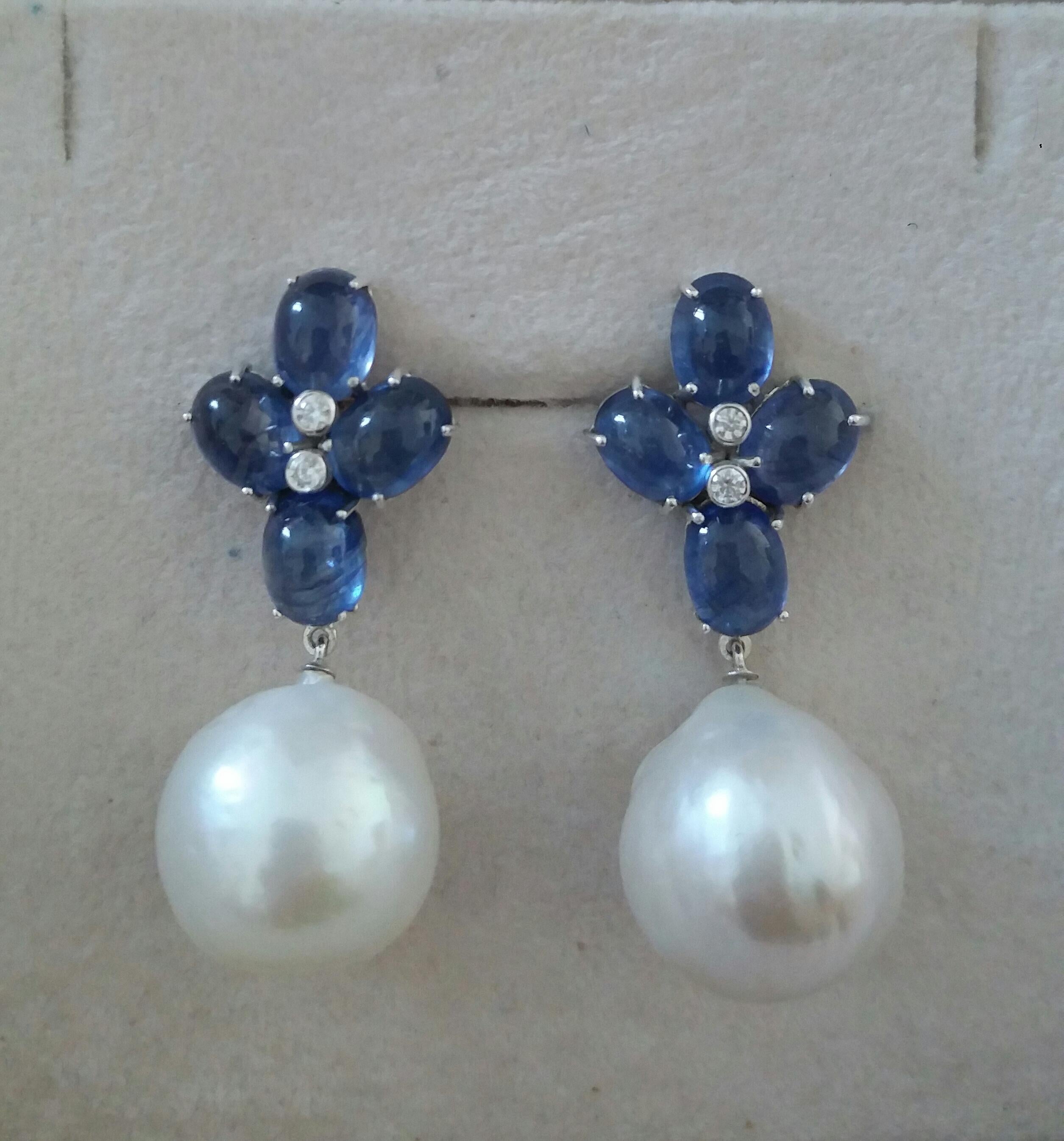 Blue Sapphire Oval Cabs Gold Diamonds Big Size White Baroque Pearls Earrings In Good Condition For Sale In Bangkok, TH