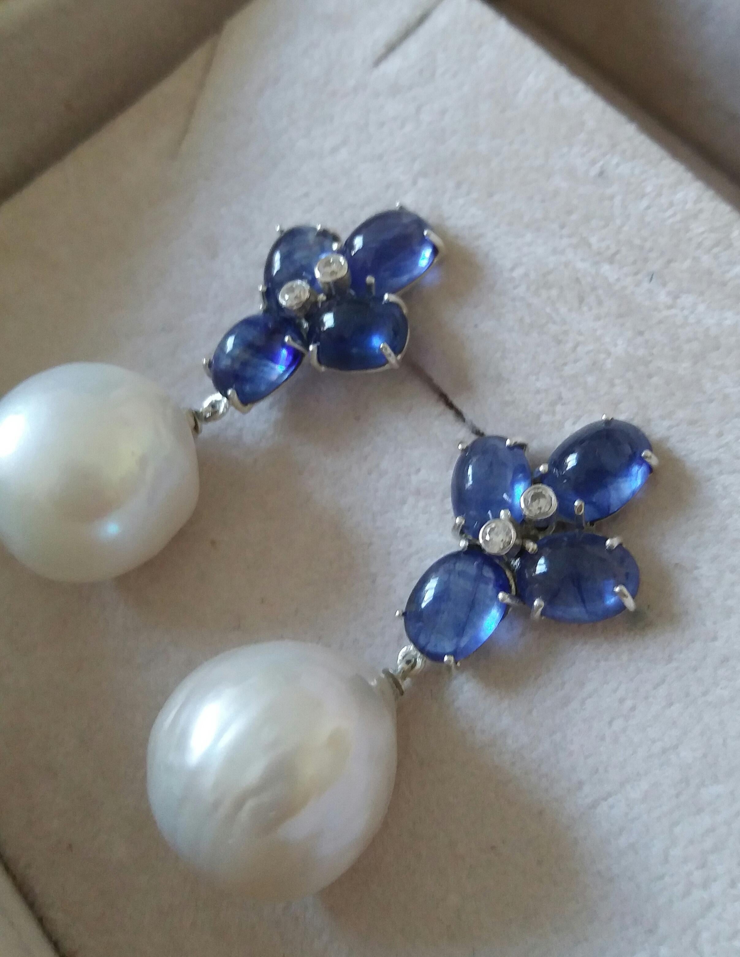 Women's Blue Sapphire Oval Cabs Gold Diamonds Big Size White Baroque Pearls Earrings For Sale