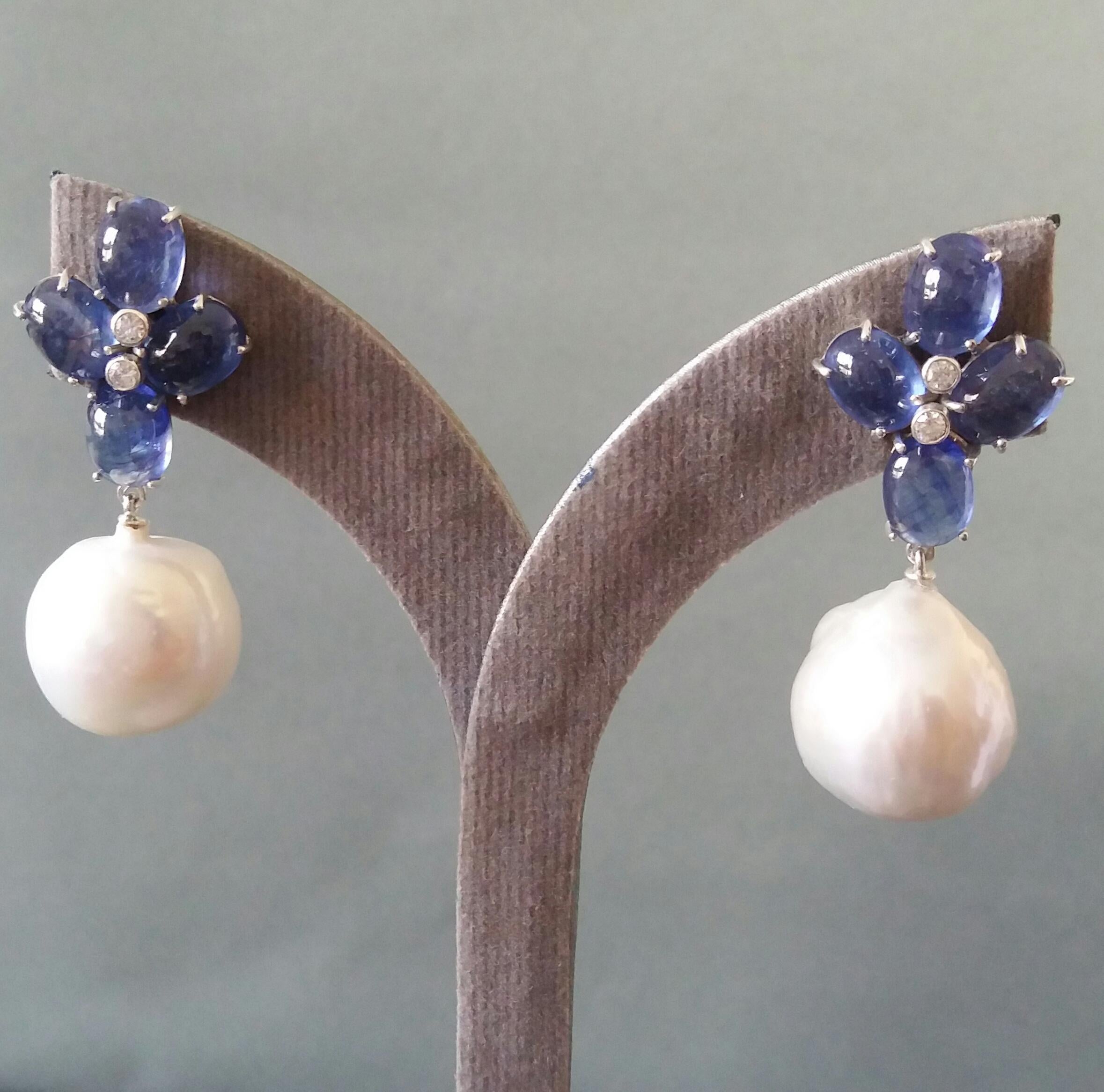 Blue Sapphire Oval Cabs Gold Diamonds Big Size White Baroque Pearls Earrings For Sale 1