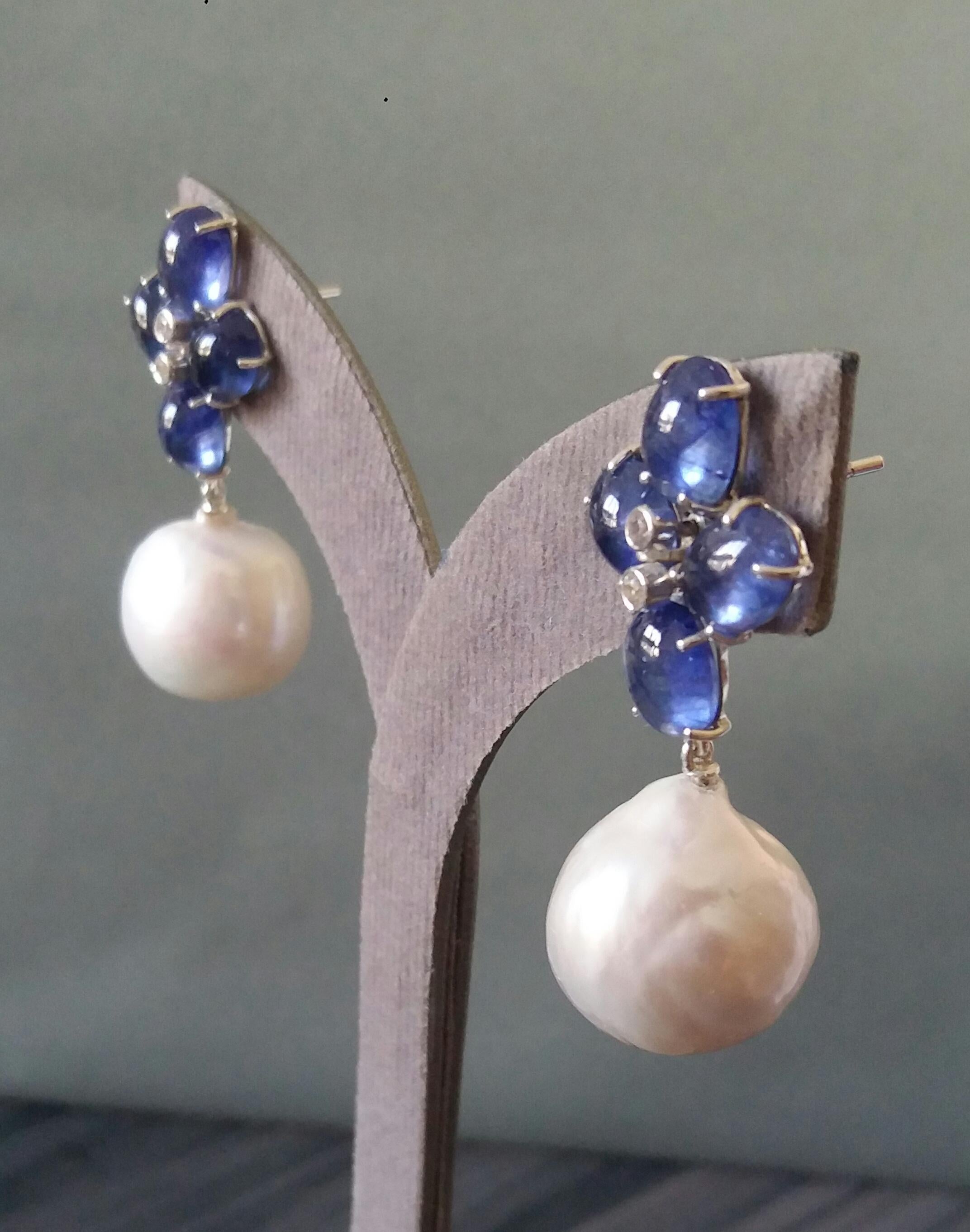 Blue Sapphire Oval Cabs Gold Diamonds Big Size White Baroque Pearls Earrings For Sale 2
