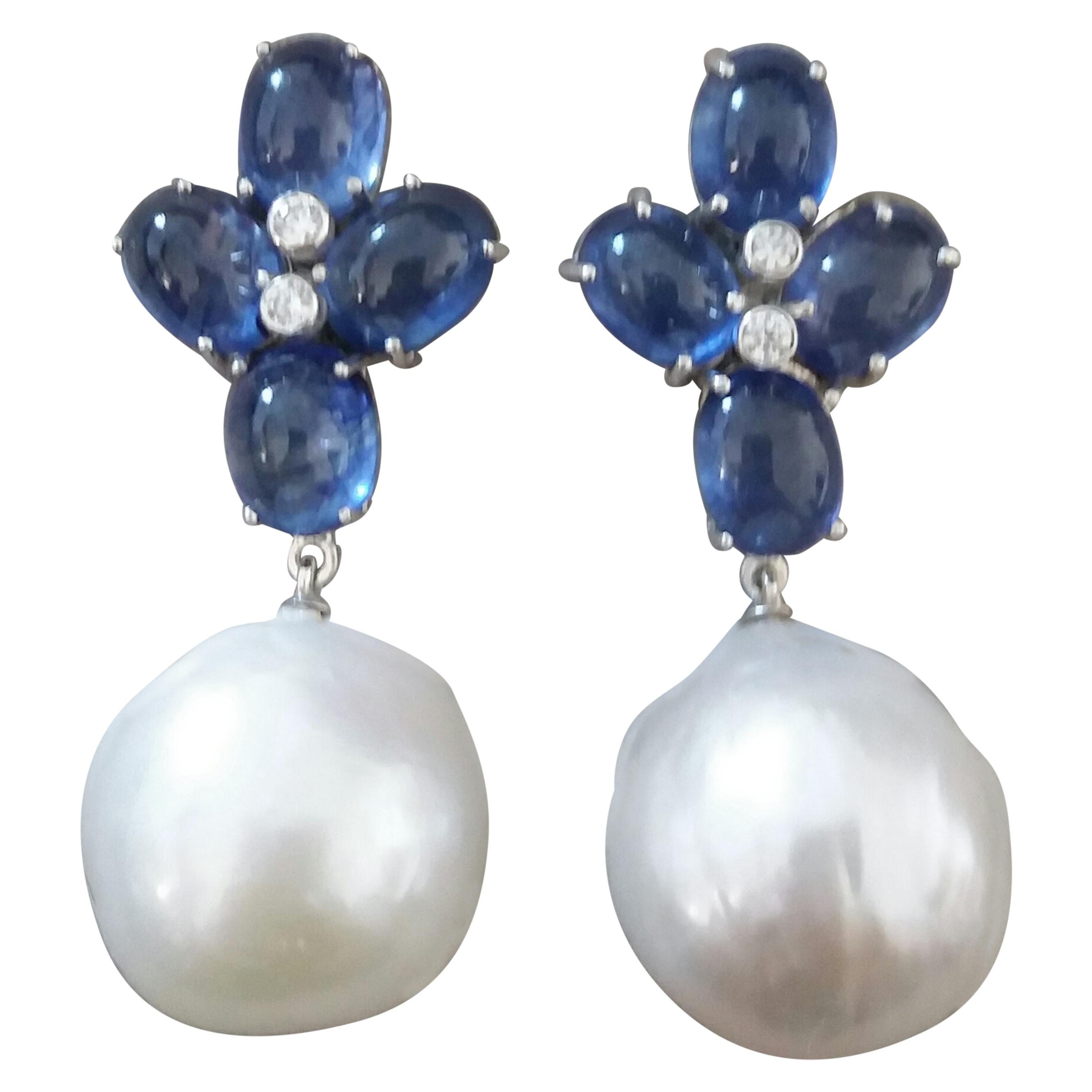Blue Sapphire Oval Cabs Gold Diamonds Big Size White Baroque Pearls Earrings