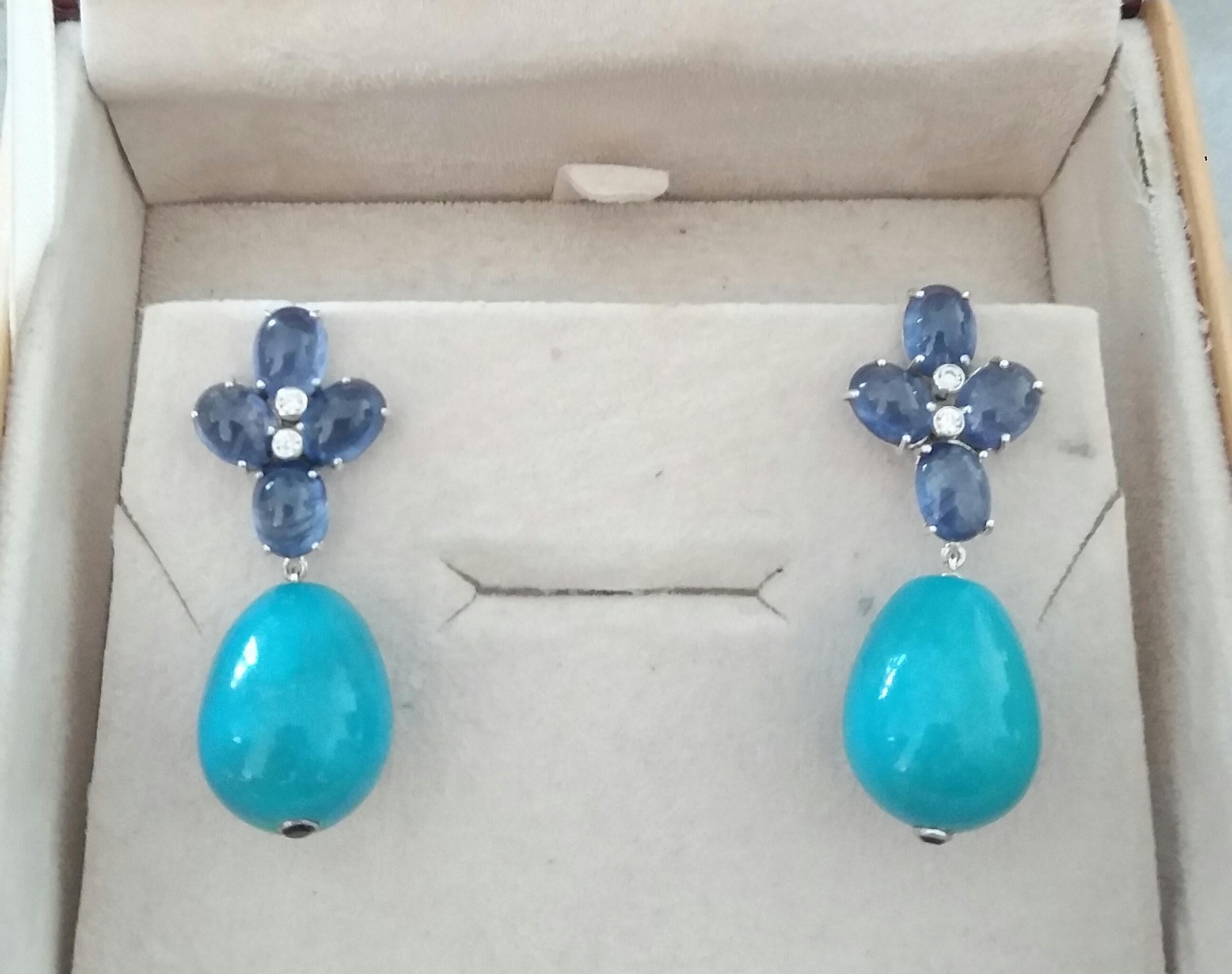 Blue Sapphire Oval Cabs Gold Diamonds Round Drop Turquoise Earrings For Sale 4
