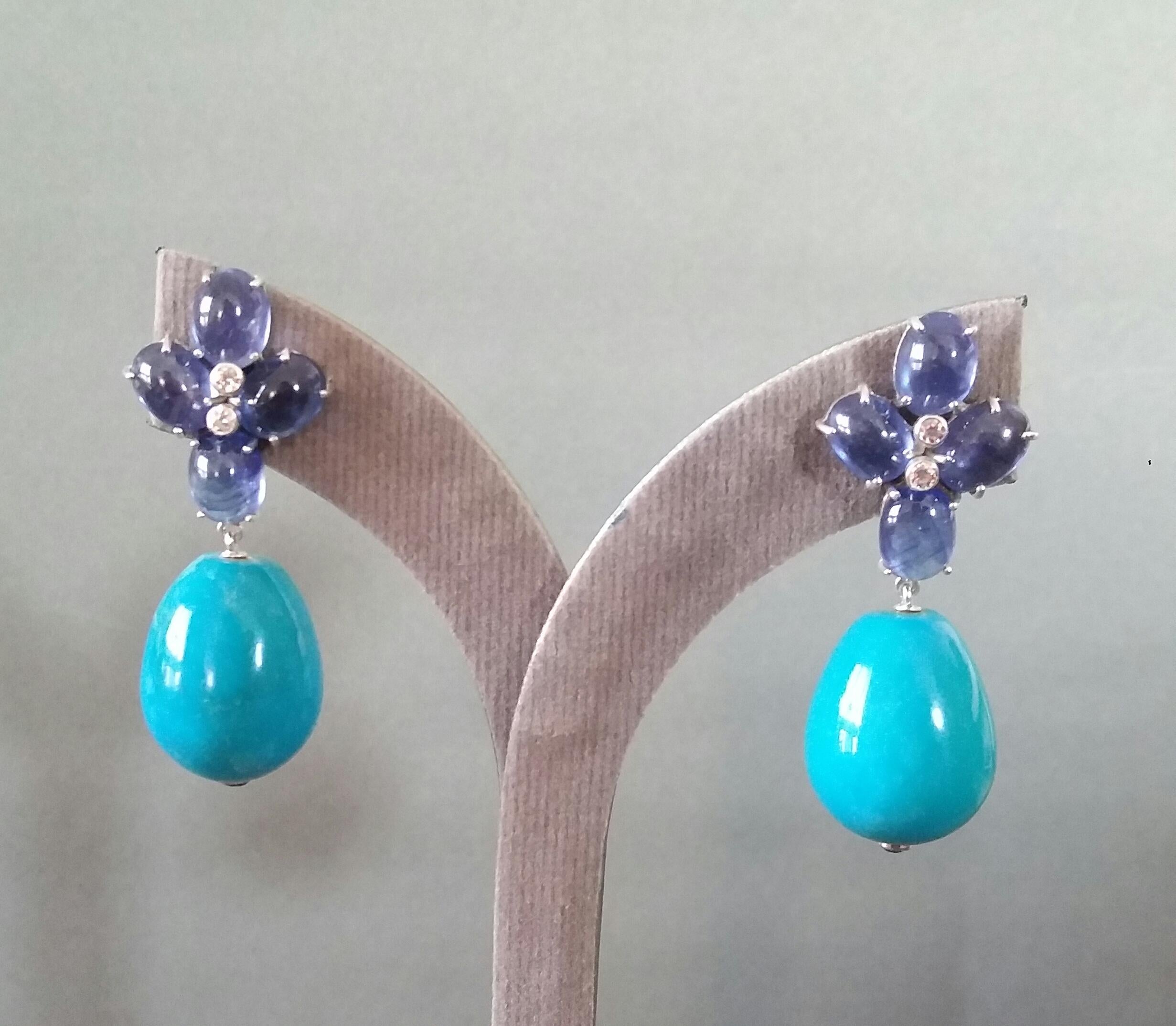 Blue Sapphire Oval Cabs Gold Diamonds Round Drop Turquoise Earrings For Sale 6