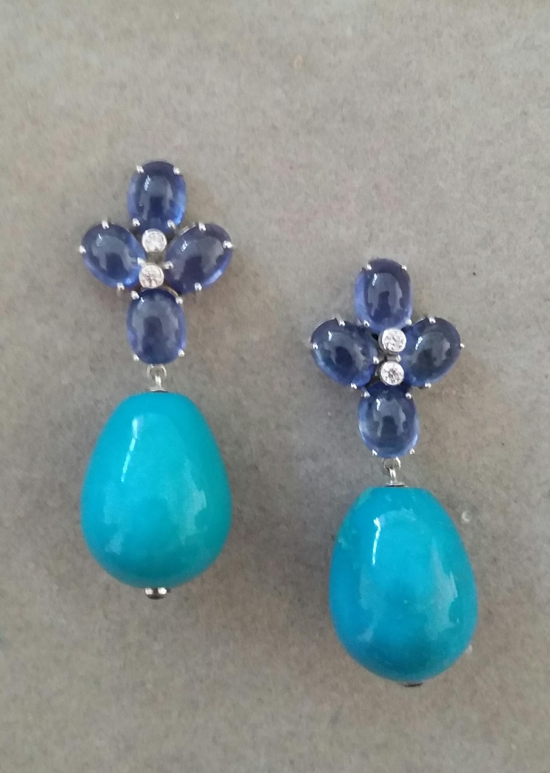 Contemporary Blue Sapphire Oval Cabs Gold Diamonds Round Drop Turquoise Earrings For Sale