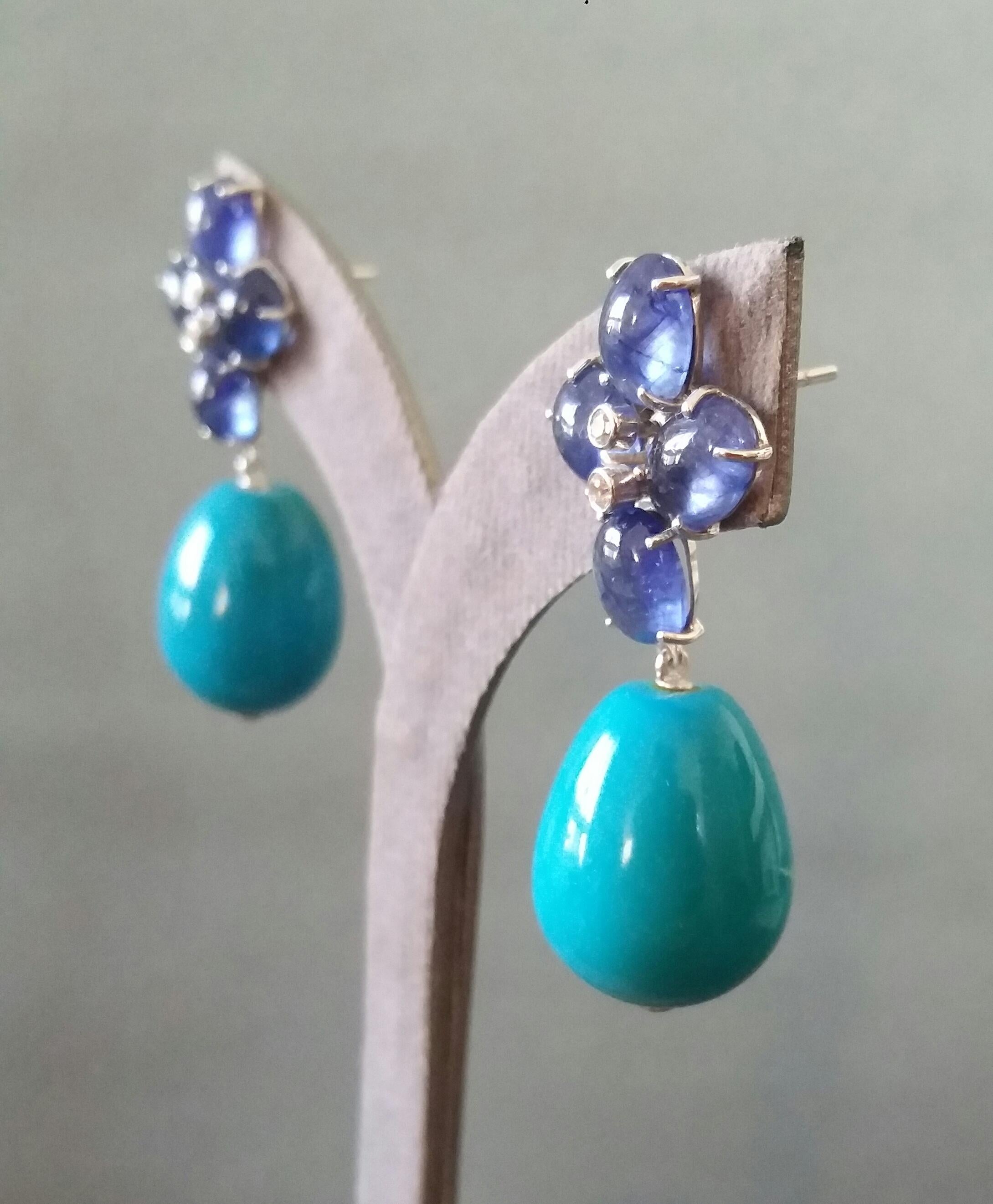 Blue Sapphire Oval Cabs Gold Diamonds Round Drop Turquoise Earrings In Good Condition For Sale In Bangkok, TH
